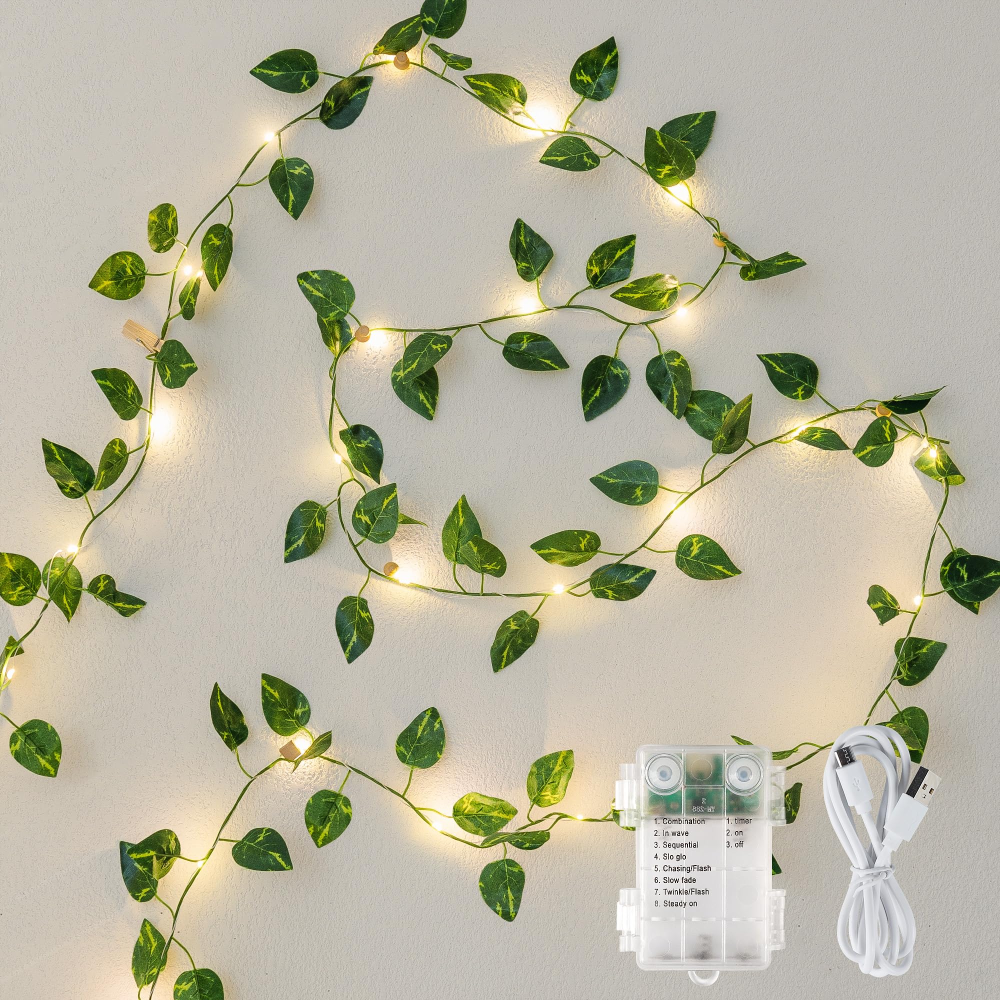 Pellimo Vine Fairy Lights for Bedroom Wall, 23FT 73 LED Vine String Lights, USB/Battery Powered, Faux Pothos Garland with Light for Dorm Room, Wedding, Party & Home Decor, Warm White