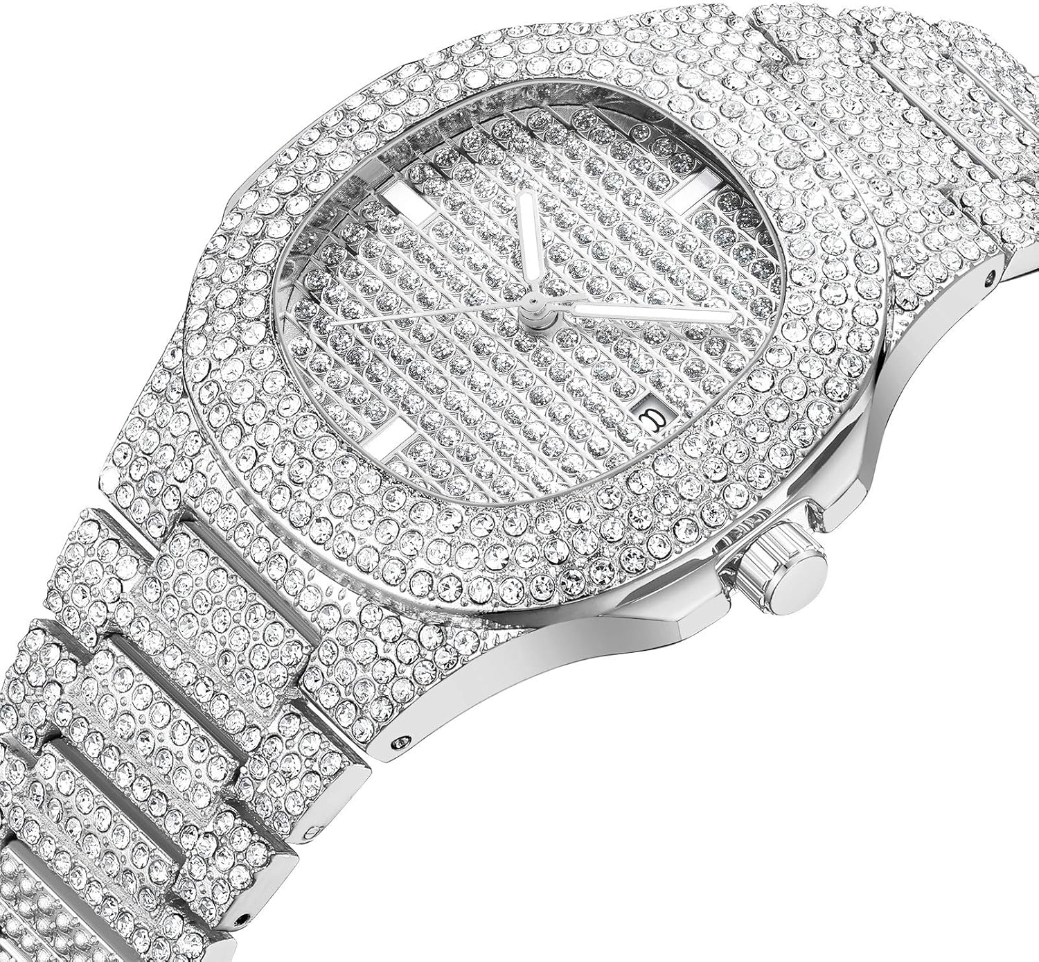 Watch Necklace Bracelet for Men 3pcs/set Luxury Iced Out Watch Men Bling Cuban Link Chains Hip Hop Gold Jewelry Mens Watches Relojes Birthday Gift (MANT SILVER 3PC)