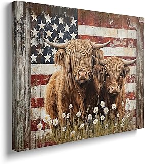 Highland Cow Canvas Wall Art American Flag Rustic Posters Retro Cows Pictures Country Daisy Painting Modern Vintage Prints Framed Artwork for Bathroom Living Room Home Wall Decor 12"x16"