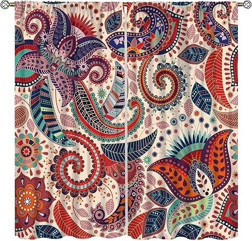 Cortinas decorativas bohemias para dormitorio, sala de estar, con bolsillo para barra, juego de 2 paneles con patrón floral vintage bohemio, 42 x 45