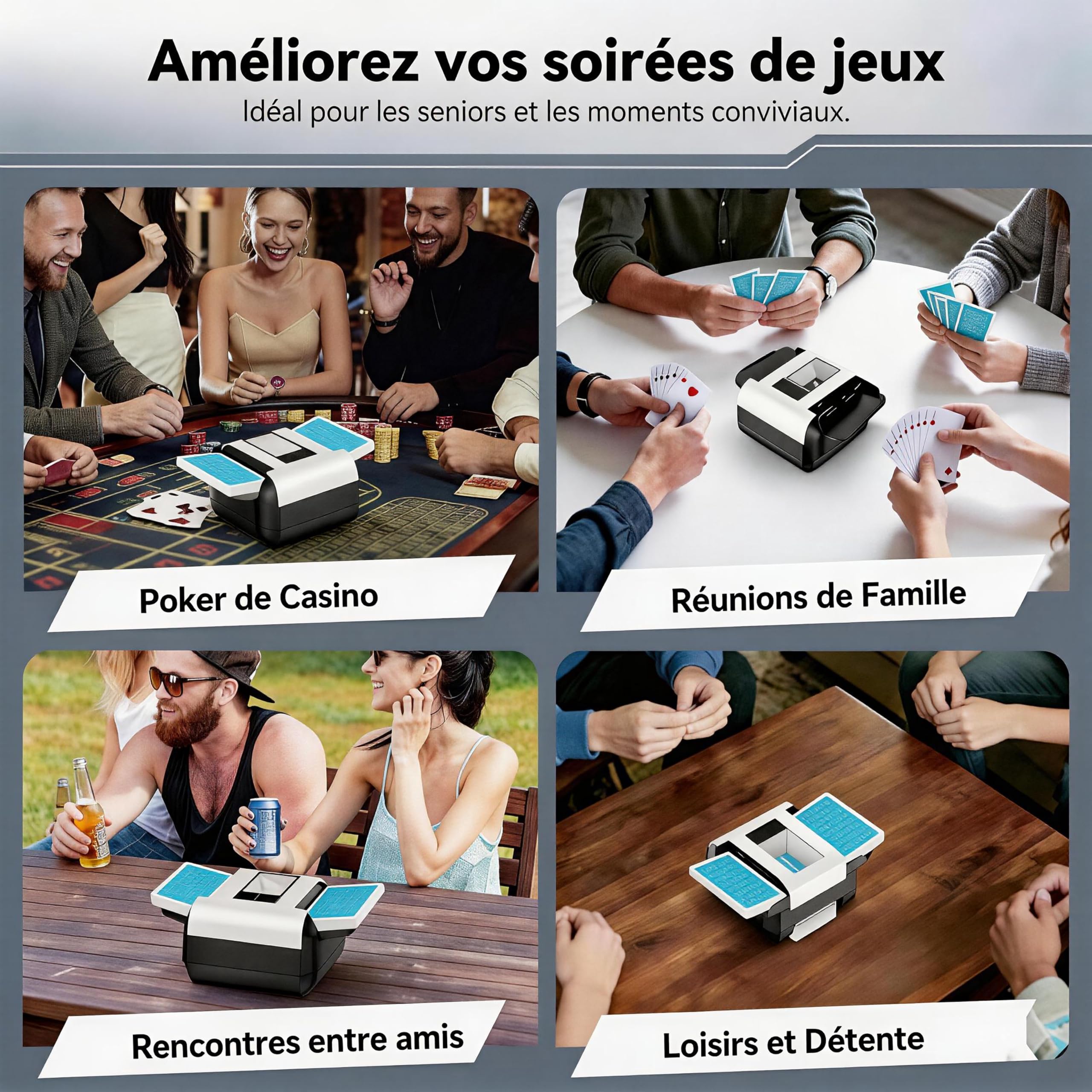 Mélangeur de Cartes Électrique 1-2 Jeux - Rechargeable 1200mAh - One Touch - Portable Poker et Jeux de Société