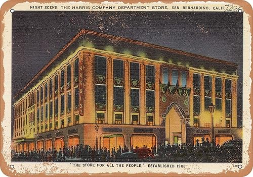 10 x 14 METAL SIGN - California Postcard - Night Scene, The Harris Company Department Store, San Bernardino, Cali - Vintage Rusty Look