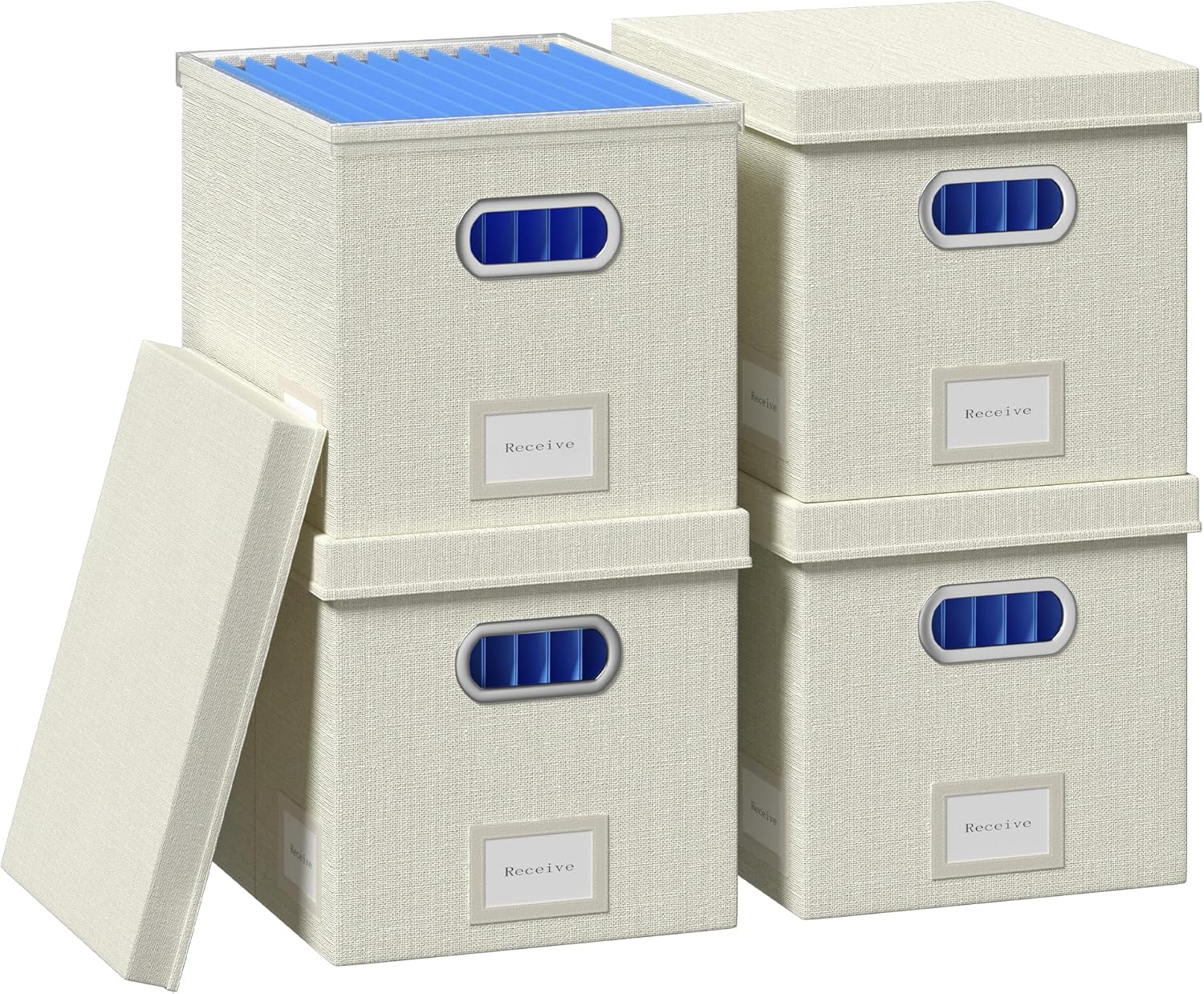 File Organizer Box - File Boxes for Hanging Files with Lid Set of 4 Decorative Hanging Folders Organizer with One-Piece Plastic Frame Slides (Beige White, 13.2 * 10.1 * 10.1in(4Pack))