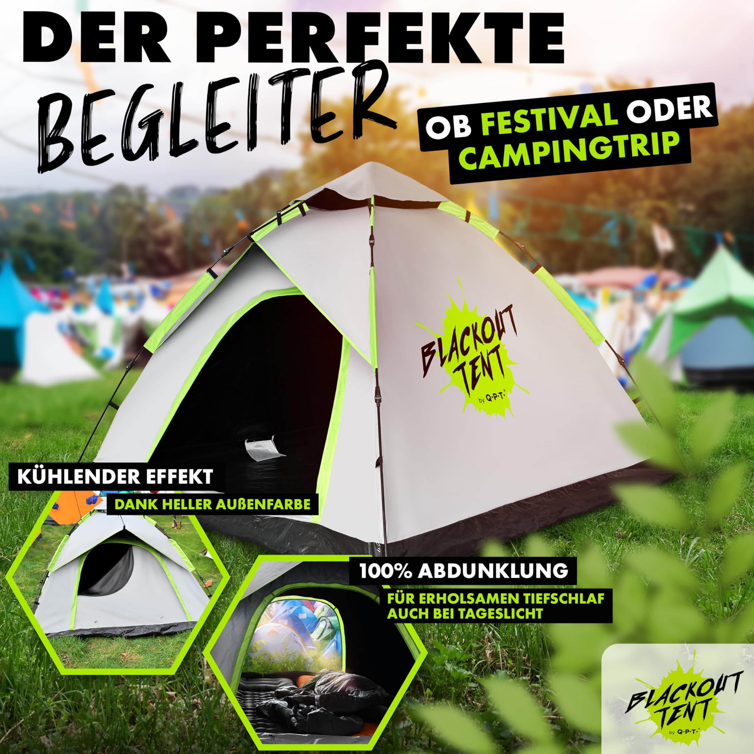 Pop up Zelt - Blackout Tent®, 1-2-Personen Festival Camping Zelt, 100% Dunkelheit, wasserdicht, Kuppelzelt für Schnellaufbau