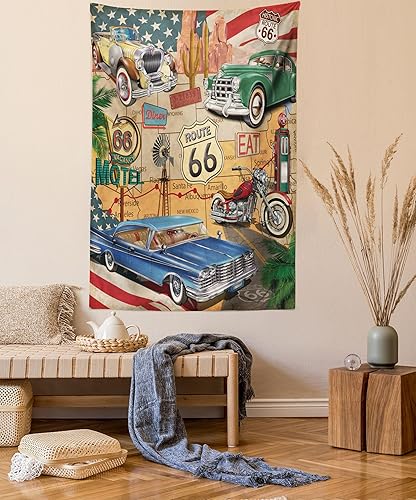 Lunarable Route 66 - Tapiz tamaño Queen, coches antiguos de moda, motocicleta en un mapa, viaje por carretera, viaje, concepto estadounidense,