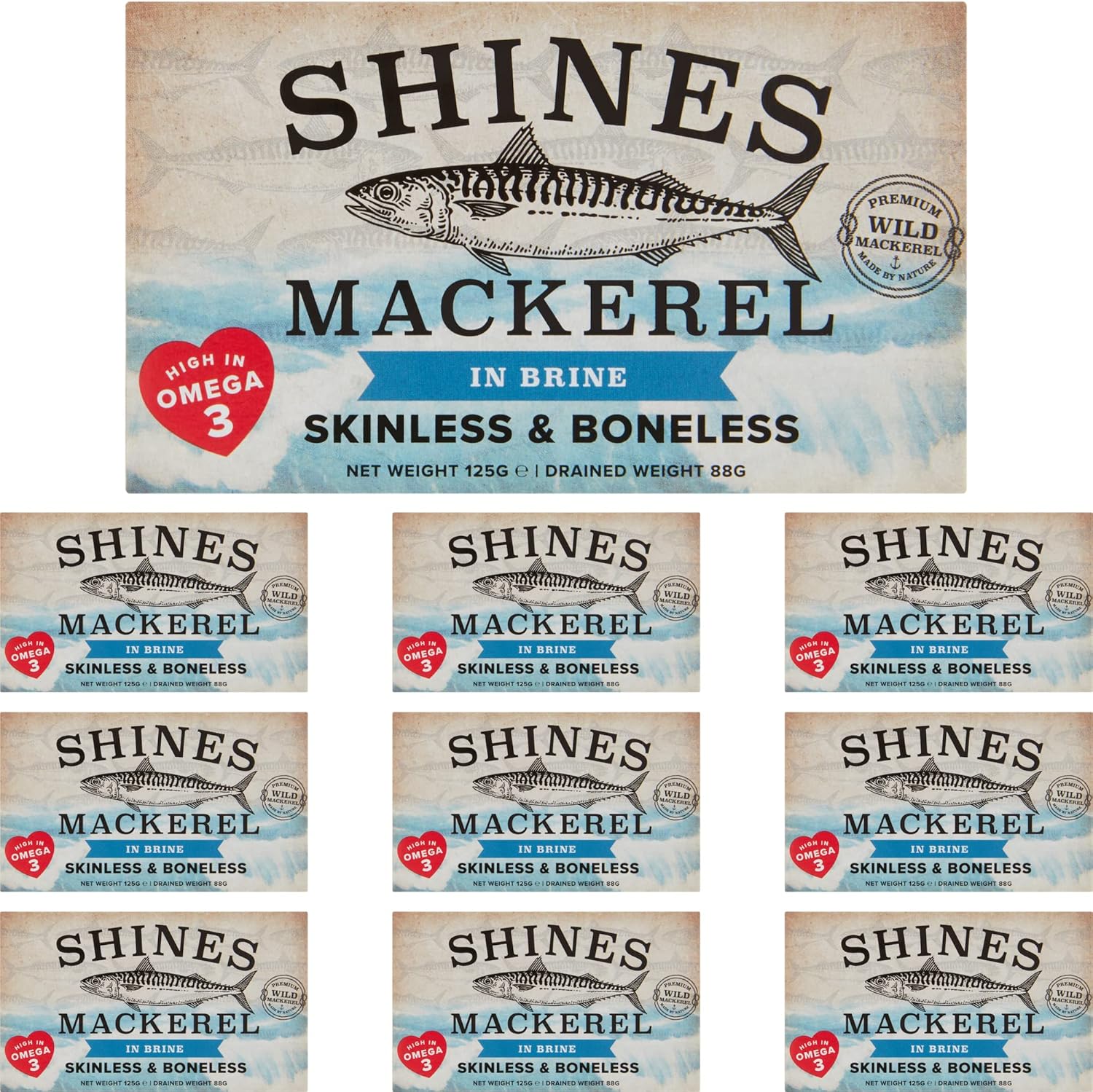 10 Pack of Shines Wild Mackerel in Brine Skinless & Boneless Canned