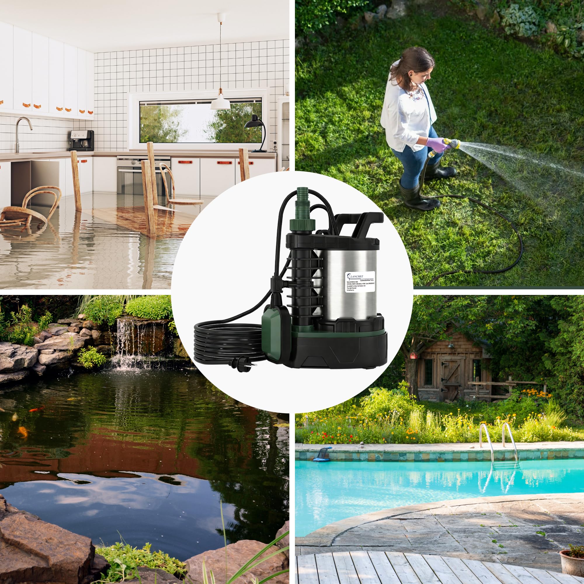 LANCHEZ Pompe submersible 1000 W, débit 20 000 l/h, mode eaux usées / eau propre, hauteur de refoulement 10,5 m, profondeur d'immersion 7 m, acier inoxydable, interrupteur à flotteur réglable