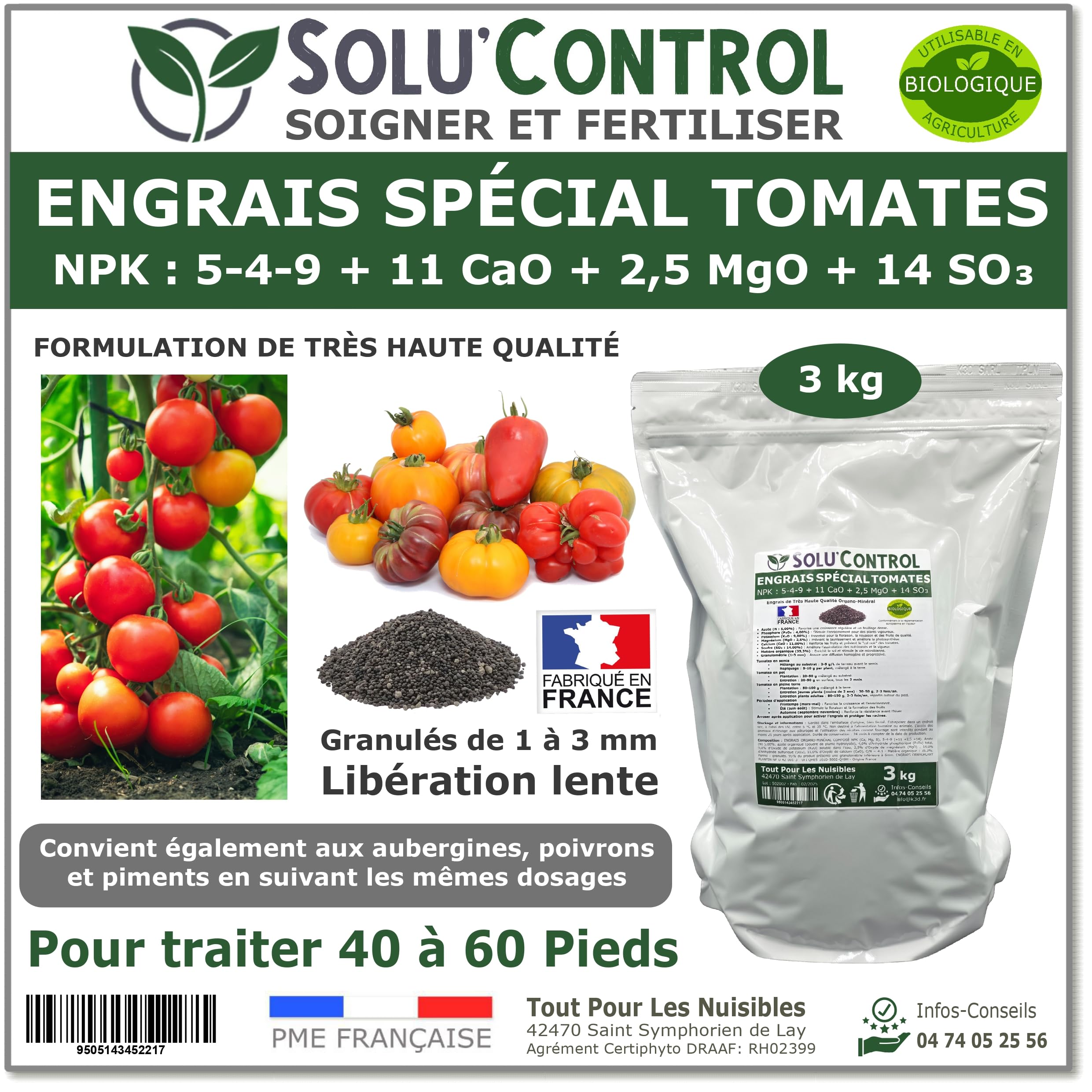 3 kg d'Engrais Spécial Tomates, Aubergines, Poivrons, Piments - SoluControl - Formulation haute qualité Organo-Minerale - Utilisable en Agriculture Biologique
