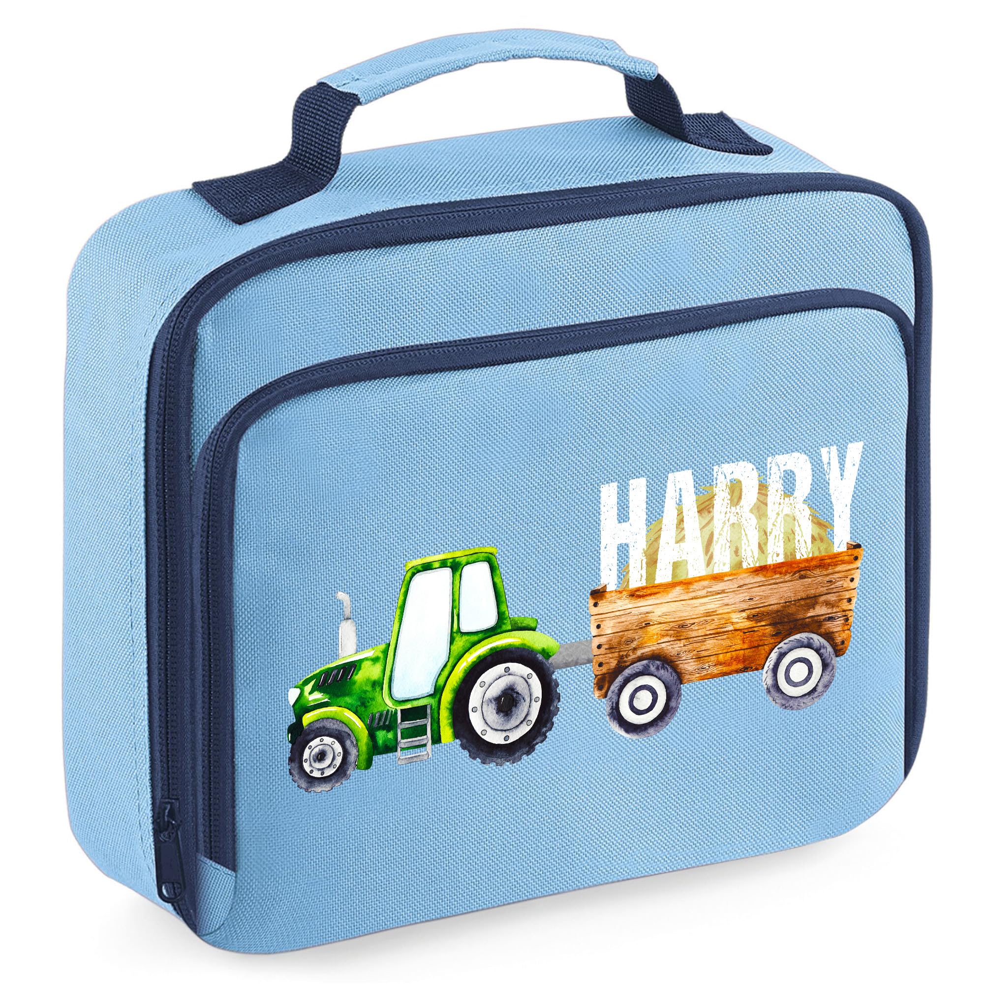 Personalised Tractor Lunch Box for Boys Farmers Farming Custom Name Back to School Nursery Bag, 24cm x 20cm x 8cm, Sky