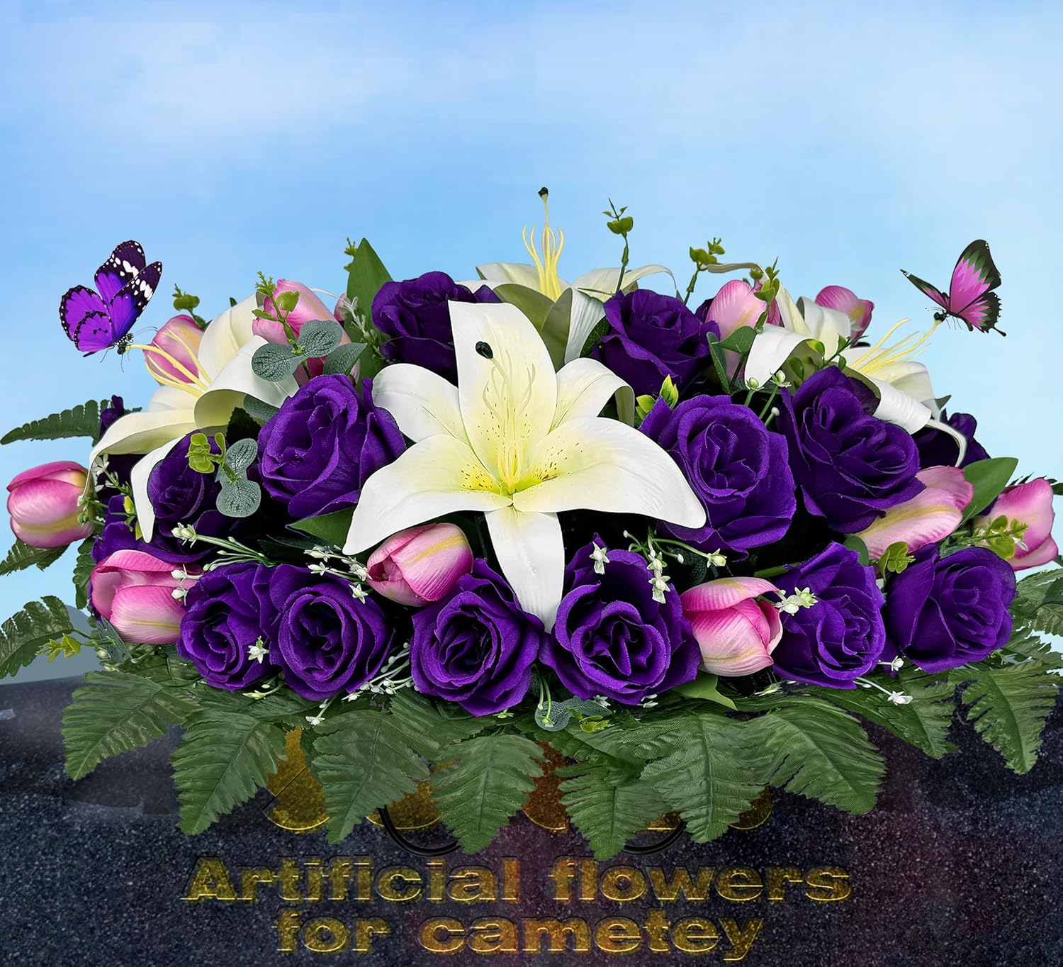 Cemetery Flowers for Grave Decor, Silk Lily Rose Tulip Headstone Flower Saddle,Tombstone Flower - Bright and Colorfast,Purple/White,2 Lovely Butterflies Included