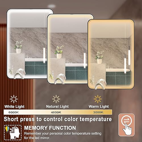 Miniatura 4 de Espejo de baño LED de 24 x 36 pulgadas con luces, espejo de tocador de baño iluminado para pared con marco de metal de aleación de aluminio negro,