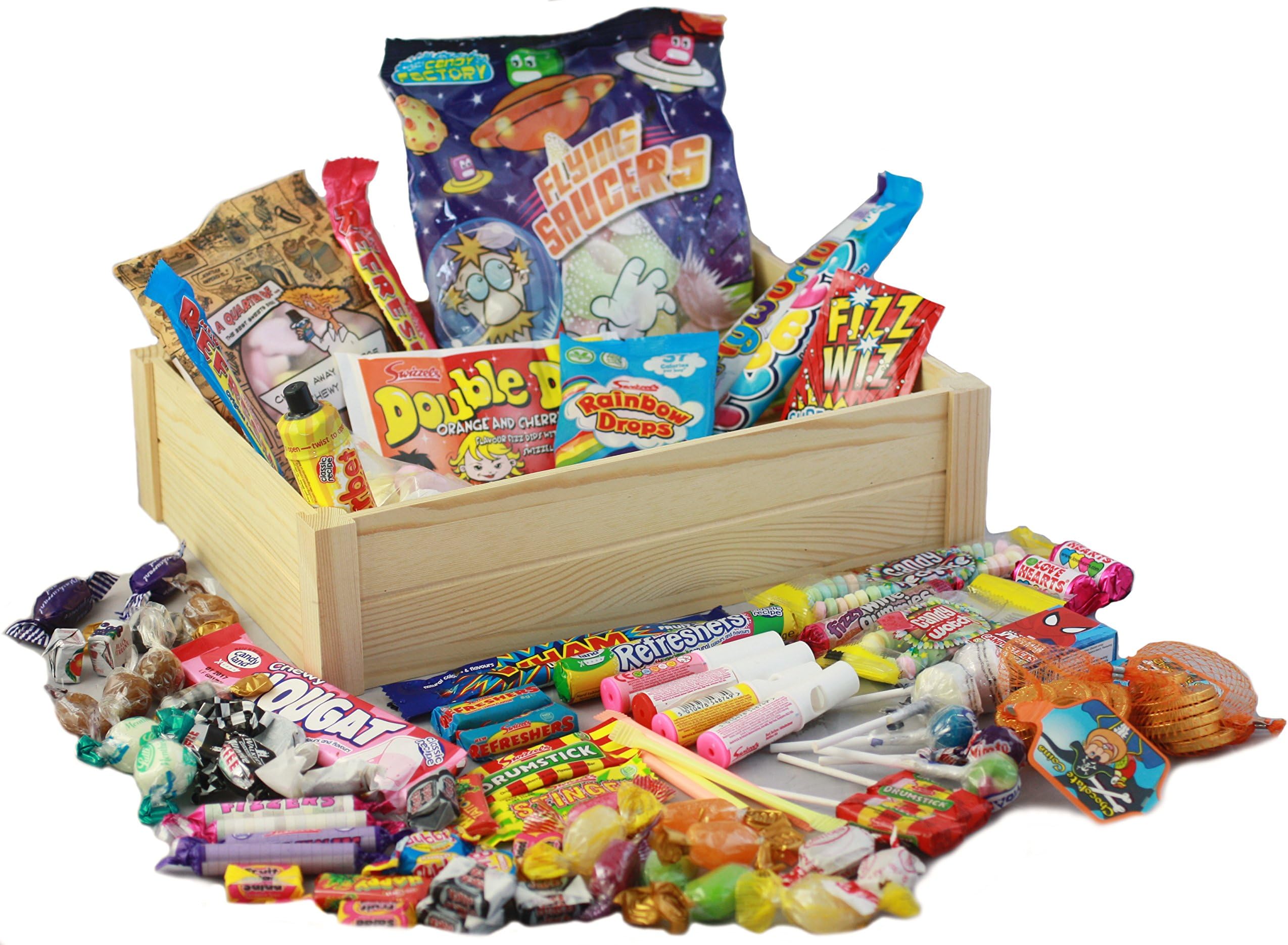 Beautiful Wooden Crate of Retro Sweets - Light Wood - Over 60 of Your Favourite Childhood Sweets... Your Childhood in a Crate!
