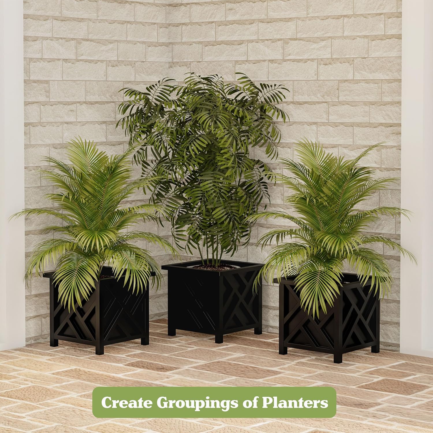 Lattice Design Outdoor Planter Box - 14.75” Square 13” Tall Black Plant Pot - Decorative Plant Pots for Front Porch Decor - Flower Pots Outdoor Planters for Porch Patio or Garden Decor by Pure Garden