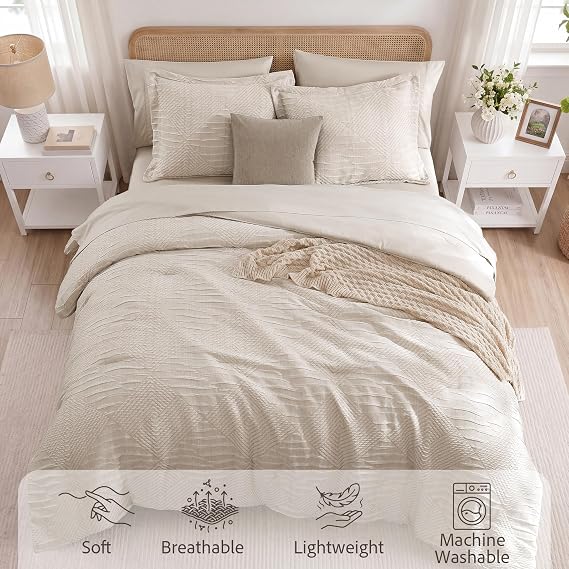 MaiReve Full Size Comforter Set Crinkle Textured Beige Bedding Set 7 Pieces