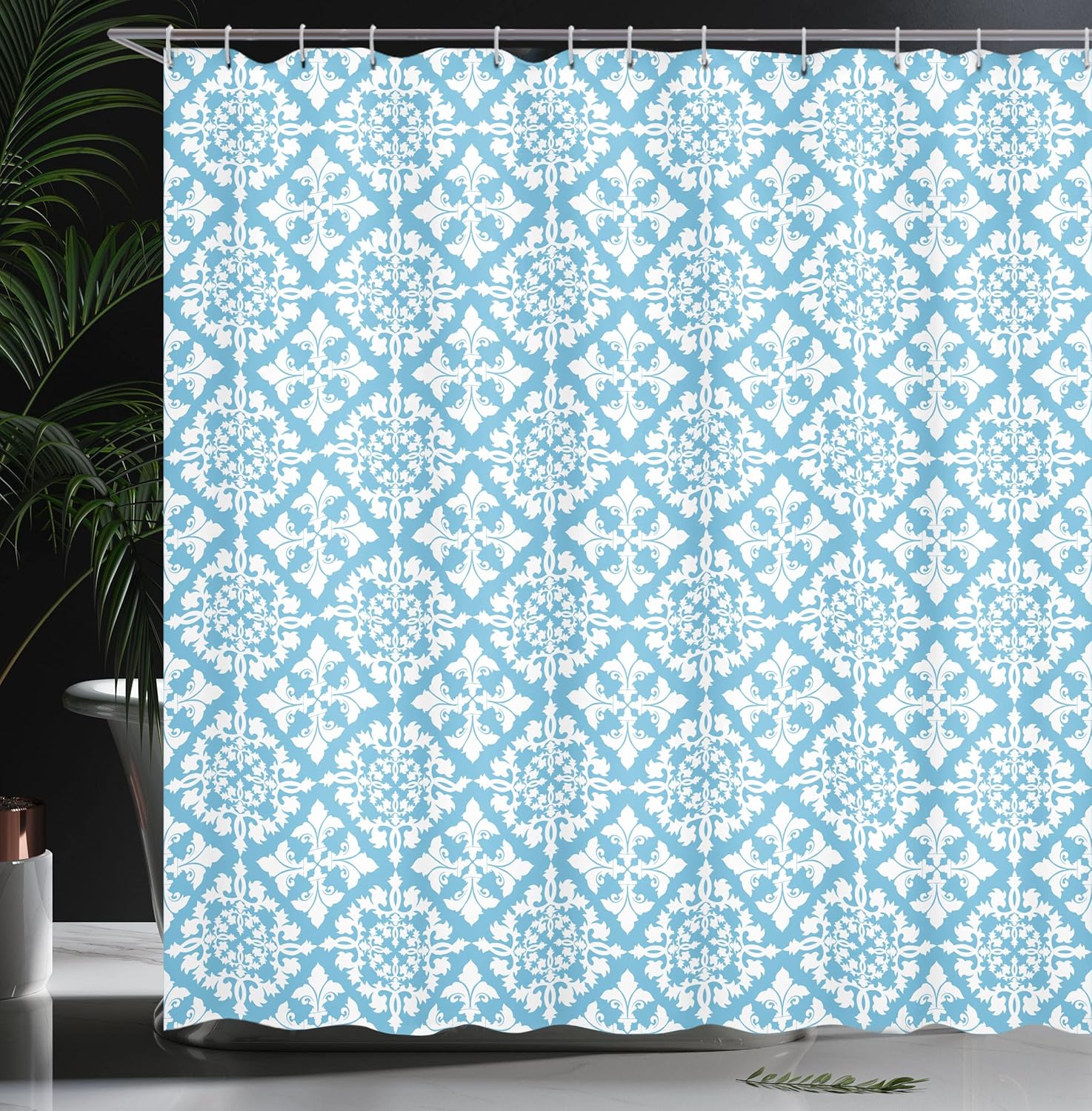 Ambesonne Retro Shower Curtain, Antique Victorian Floral Patterns in Modern Graphic Print Old Fashioned Art, Cloth Fabric Bathroom Decor Set with Hooks, 69" W x 70" L, White Deep Sky Blue