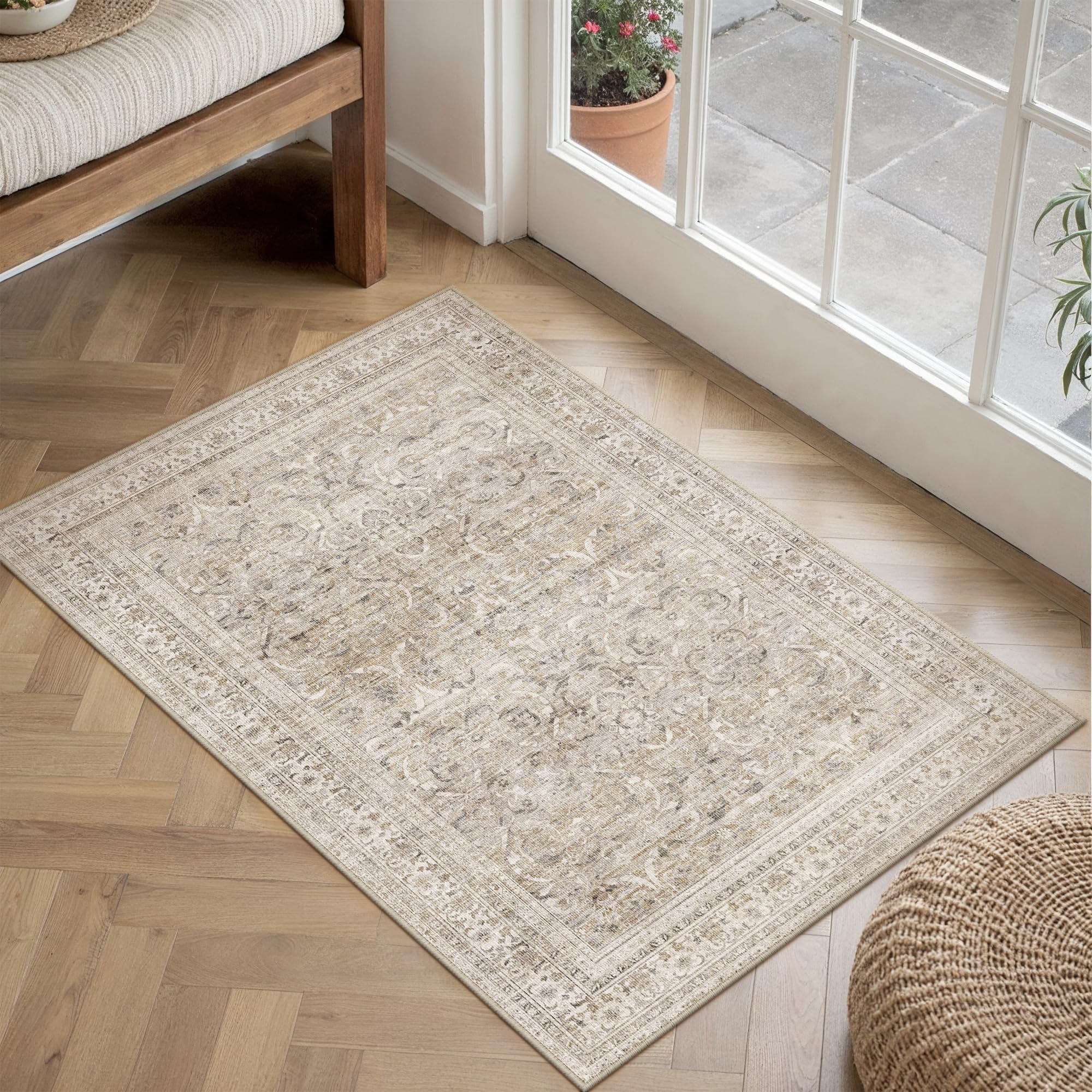 hugear 5ft round rug entryway rugs machine washable beige hallway area rug 5x5 small circle floral low pile carpet vacuumable throw rug living room laundry entrance non slip soft lightweight