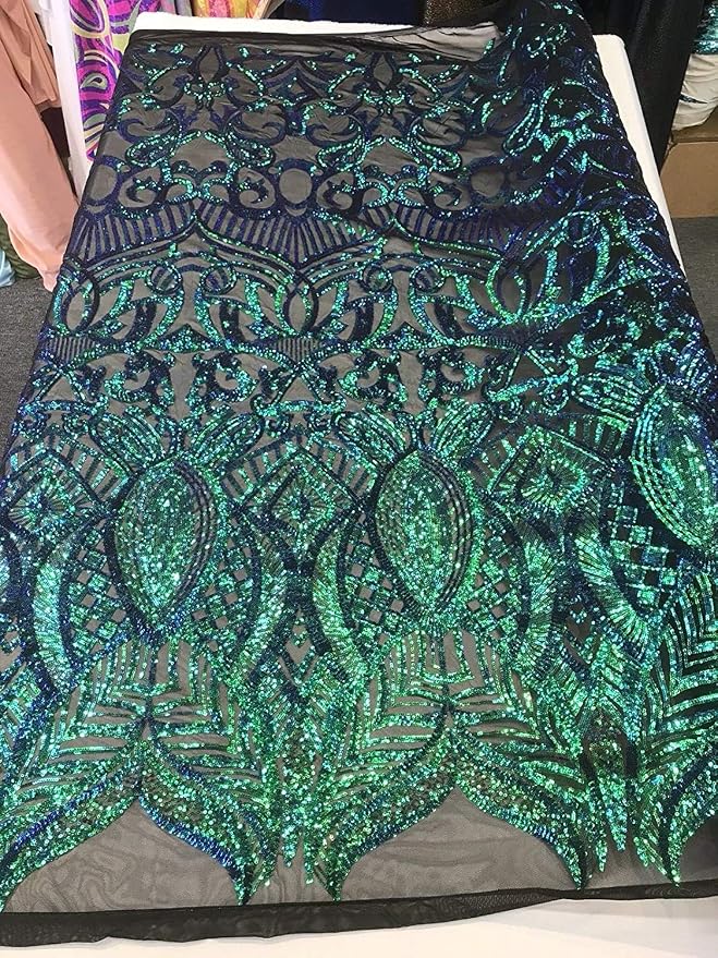 Iridescent Royalty Design On A 4 Way Stretch Mesh/Prom Fabric (1 Yard, Black on Black Mesh)