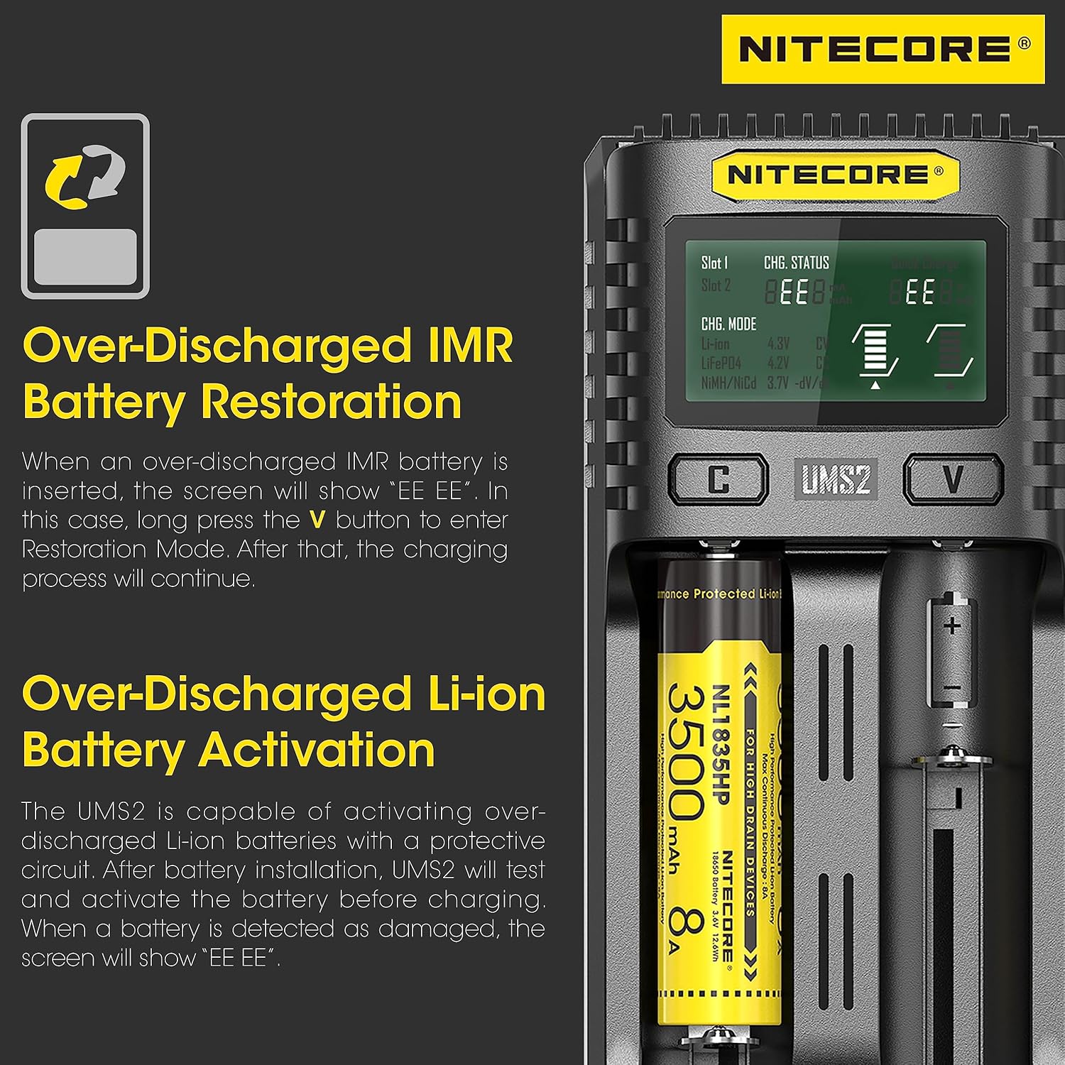 NITECORE UMS2 Intelligent QC Dual-Slot Quick Battery Charger for Li-Ion/IMR/LiFePO4/Ni-MH/Ni-Cd 14500 16340 18350 18650 20700 21700 AA AAA with NITECORE Tag