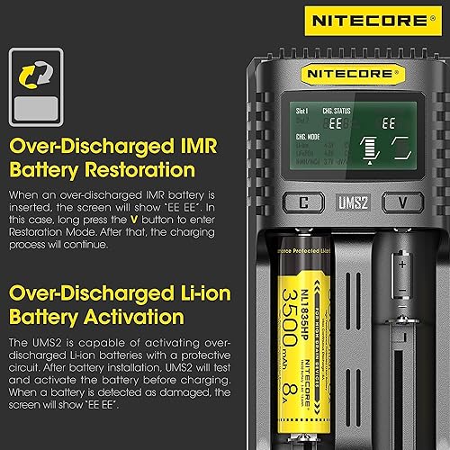 Miniatura 6 de NITECORE UMS2 inteligente QC cargador de batería rápido de doble ranura para Li-IonIMRLiFePO4Ni-MHNi-Cd 14500 16340 18350 18650 20700 21700 AA AAA