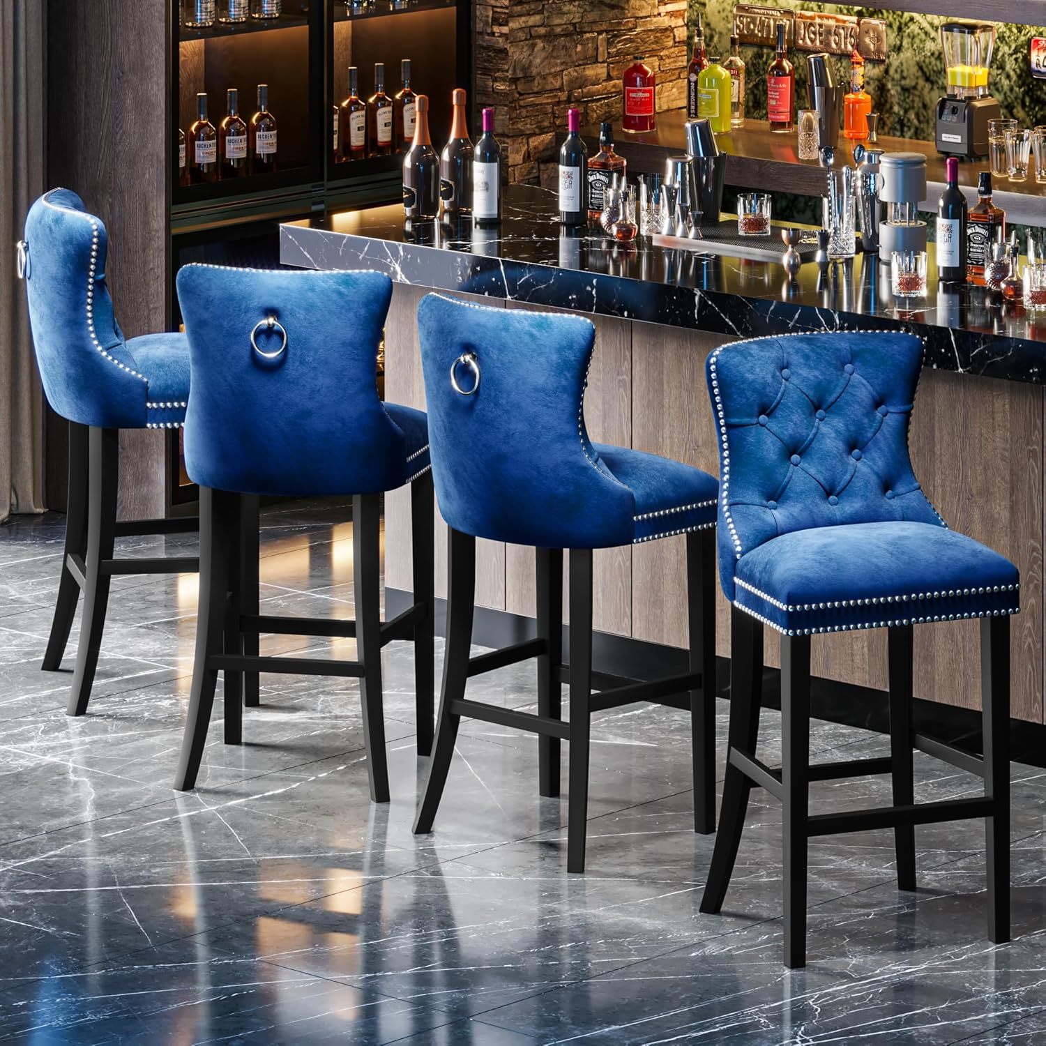 Recaceik Counter Height Bar Stools Set of 4,Modern Velvet Bar Stools with Back,Upholstered 27" H Barstools for Island Counter Stools with Rivet for Kitchen Counter,Home Bar,Dining Roomm(Blue)
