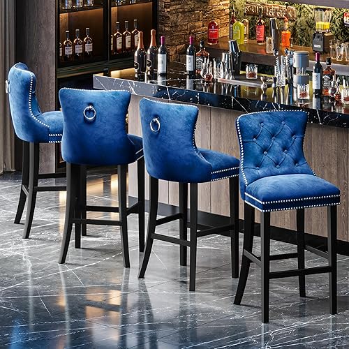 Miniatura 6 de Recaceik Juego de 2 taburetes de bar de terciopelo con altura de mostrador, taburetes de bar tapizados con respaldo, taburete de cocina de 27