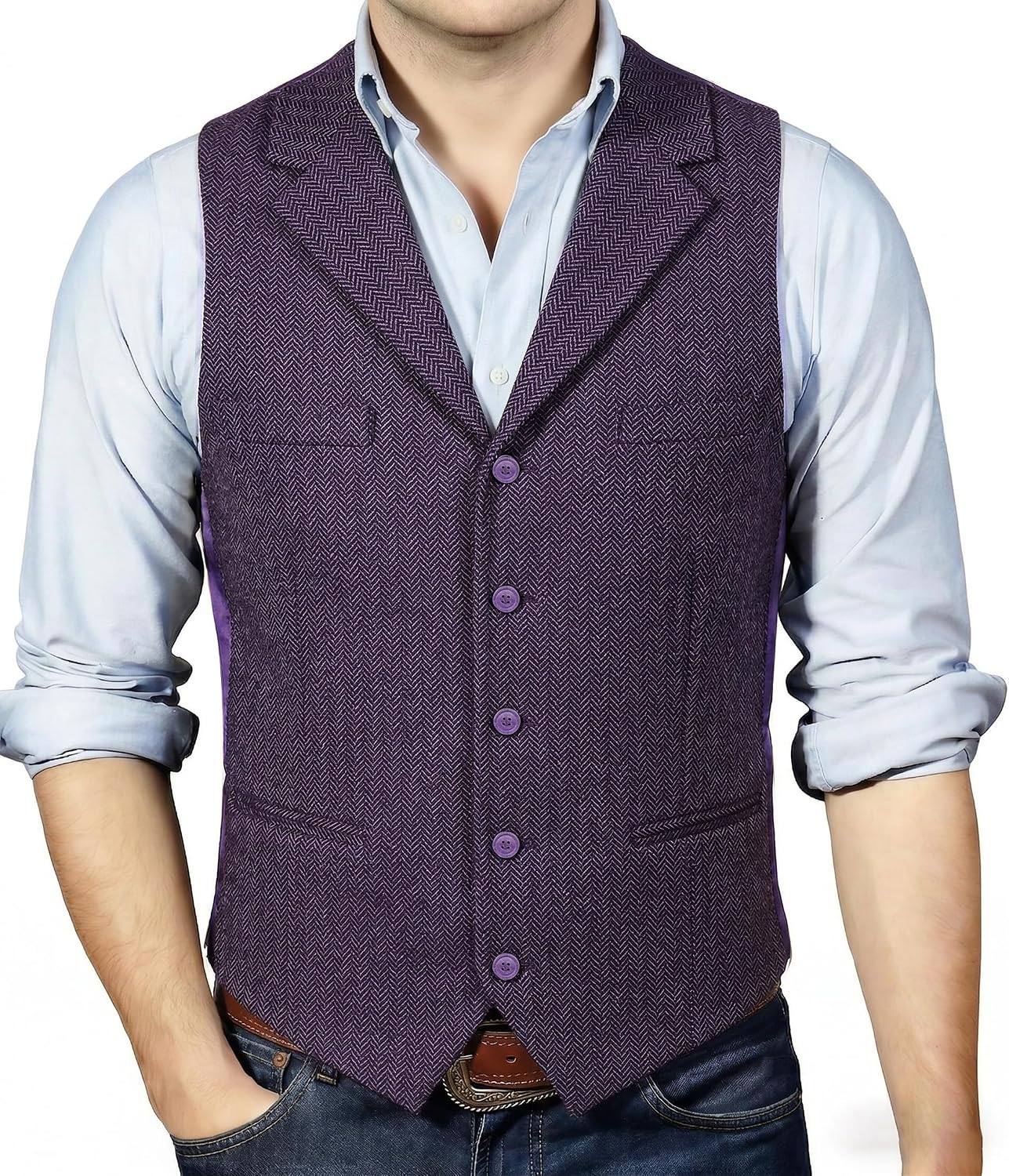 Barry.Wang Mens Suit Vest tweed Herringbone Notched Lapel Formal Business Waistcoat for Wedding Party