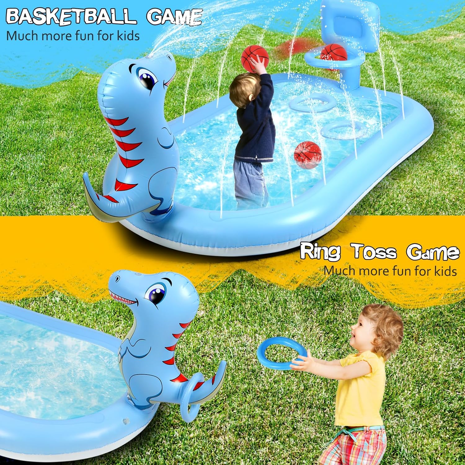 Splash Pad Sprinklers for Kids, 3 in 1 Inflatable Kiddie Pool Play Center Including Basketball Game and Ring Toss Game, 63inch Dinosaur Design Indoor Outdoor Water Play Mat for Toddlers 3-5 Boys Girls