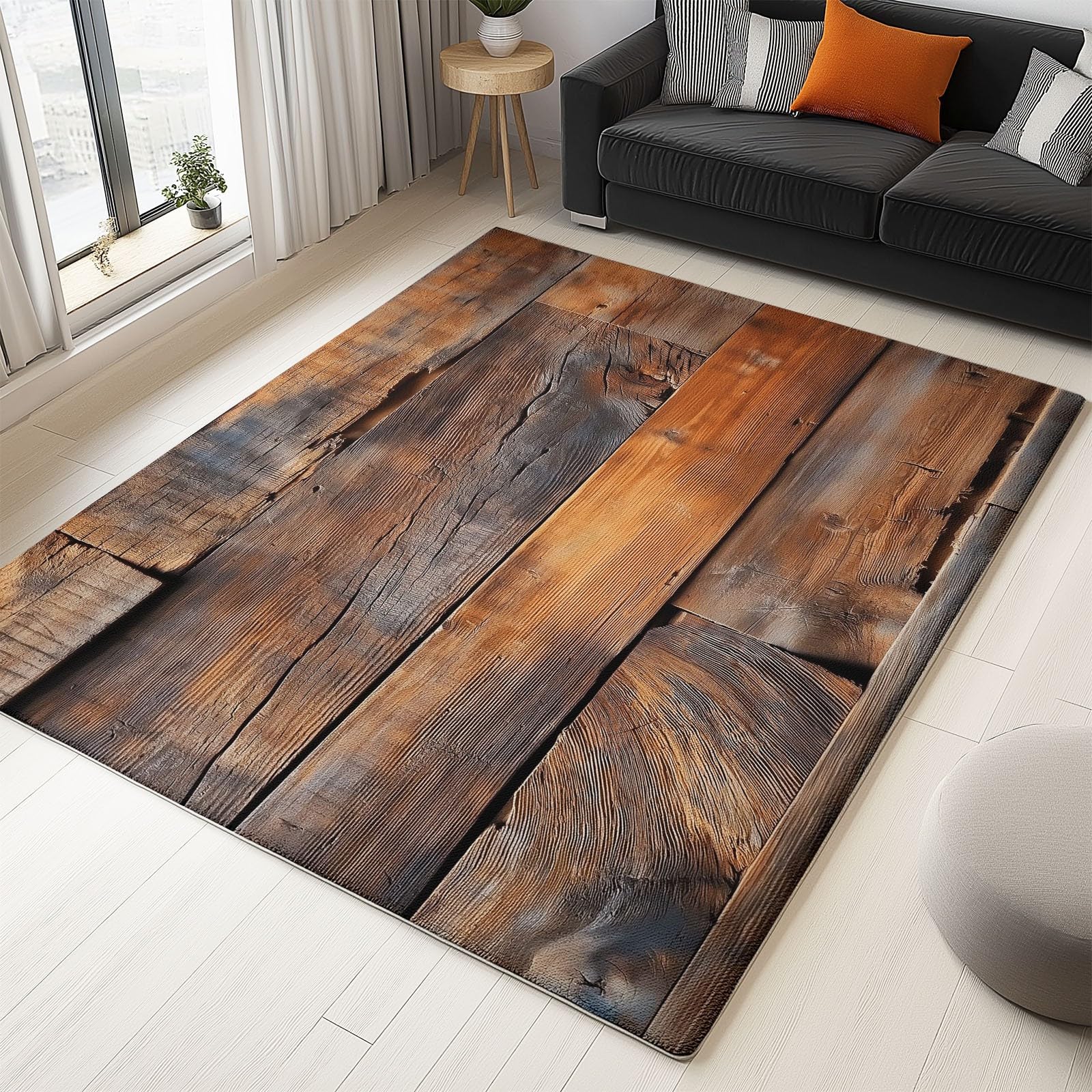 Tapis salon industriel lavable et anti-dérapant motif bois doux