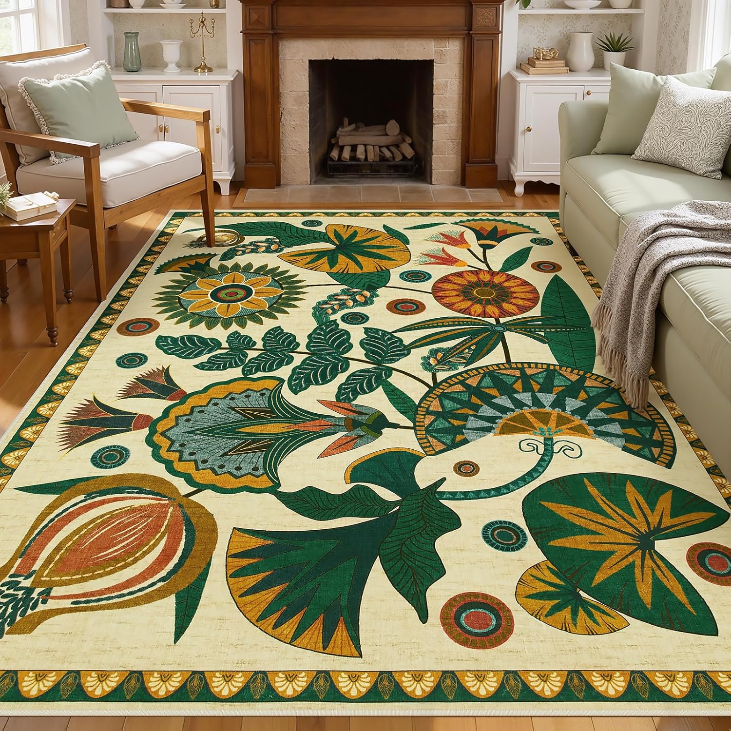 Joydeco Egypt Floral Boho 5x7 Area Rugs for Living Room, Washable Beige Area Rug for Bedroom Playroom Non Slip, Vintage Soft Indoor Carpet for Nursery Dining Room Entryway Bathroom