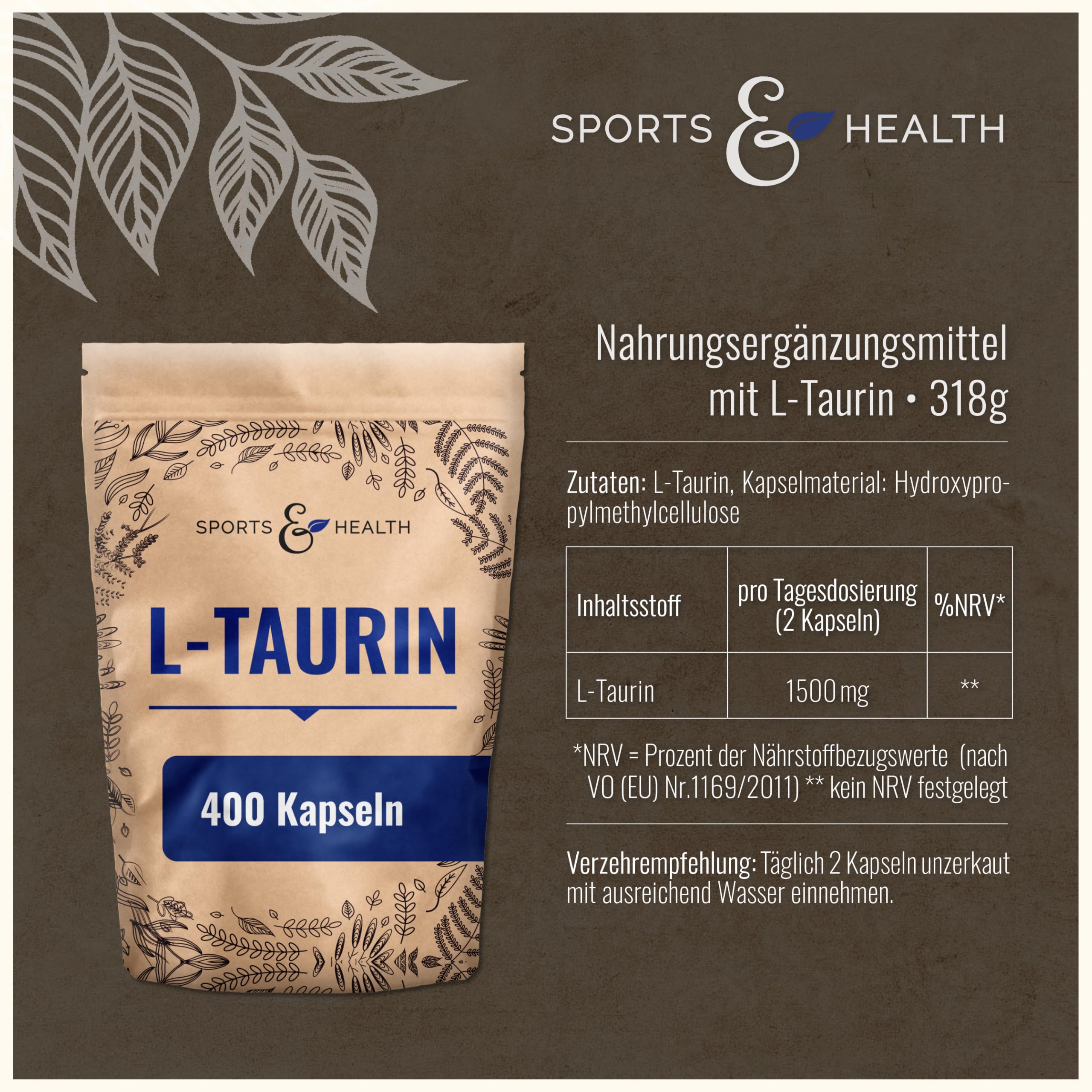 L Taurin – 400 Reine Kapseln ohne Zusätze – Taurin Kapseln Hochdosiert mit 1500mg pro Tagesdosierung – 6 Monate Vorrat Aminosäure – Taurine