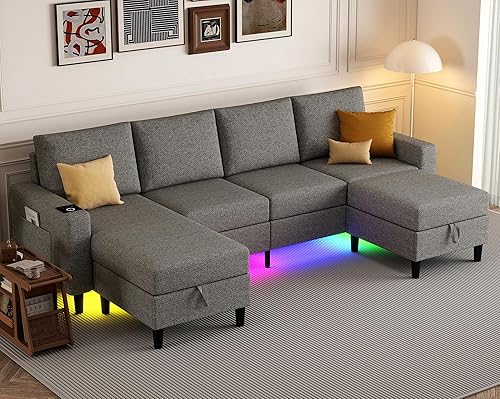 Miniatura 10 de Sofás seccionales para sala de estar, sofá seccional de 4 asientos con módulo inteligente - carga inalámbrica/USB/Type-C/luz RGB, sofá en forma de U