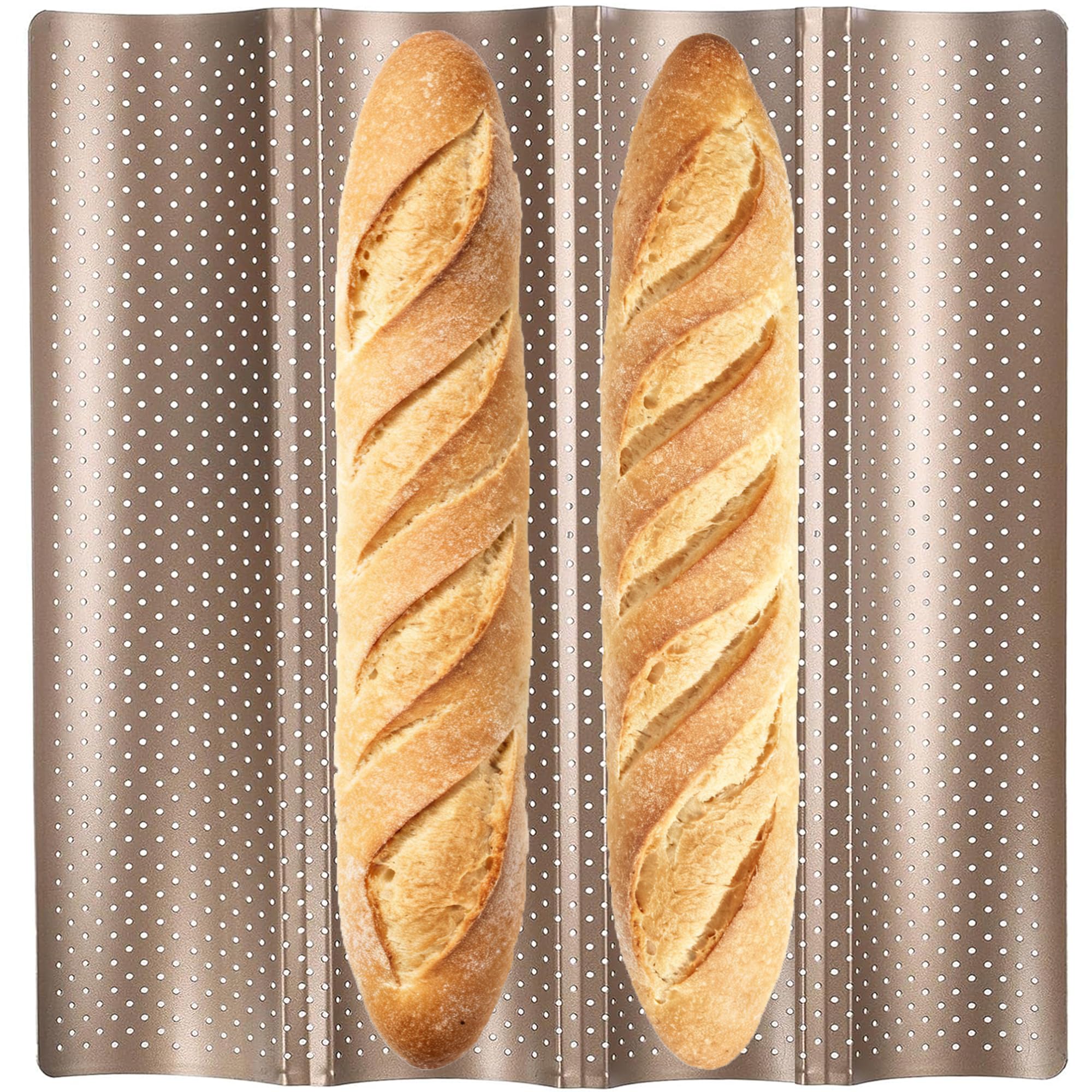 MouCoc Baguette Baking Tray, French Bread Pan for 4 Loaves - Easy-to-Clean Wave Mold (Gold)