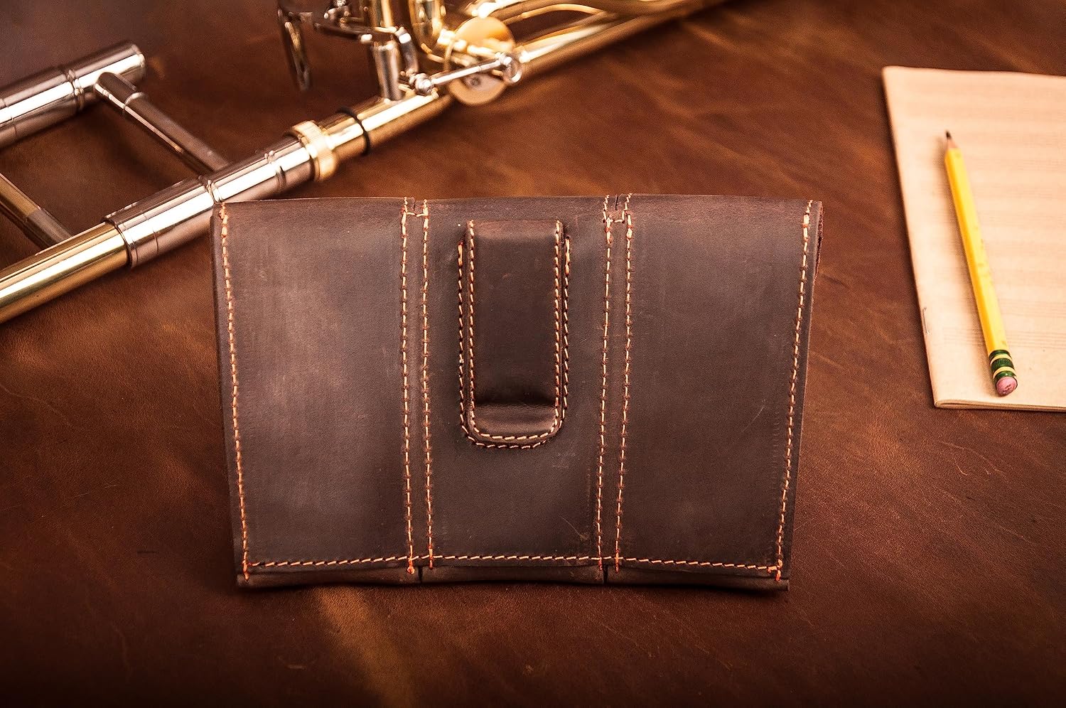 Trombone/Euphonium MOUTHPIECE HOLDER. Genuine leather carrying bag. Compact Mouthpiece Holder. Protection Case for Trombone/Euphonium Mouthpiece. Gift Idea Trombonist (Triple, Brown)