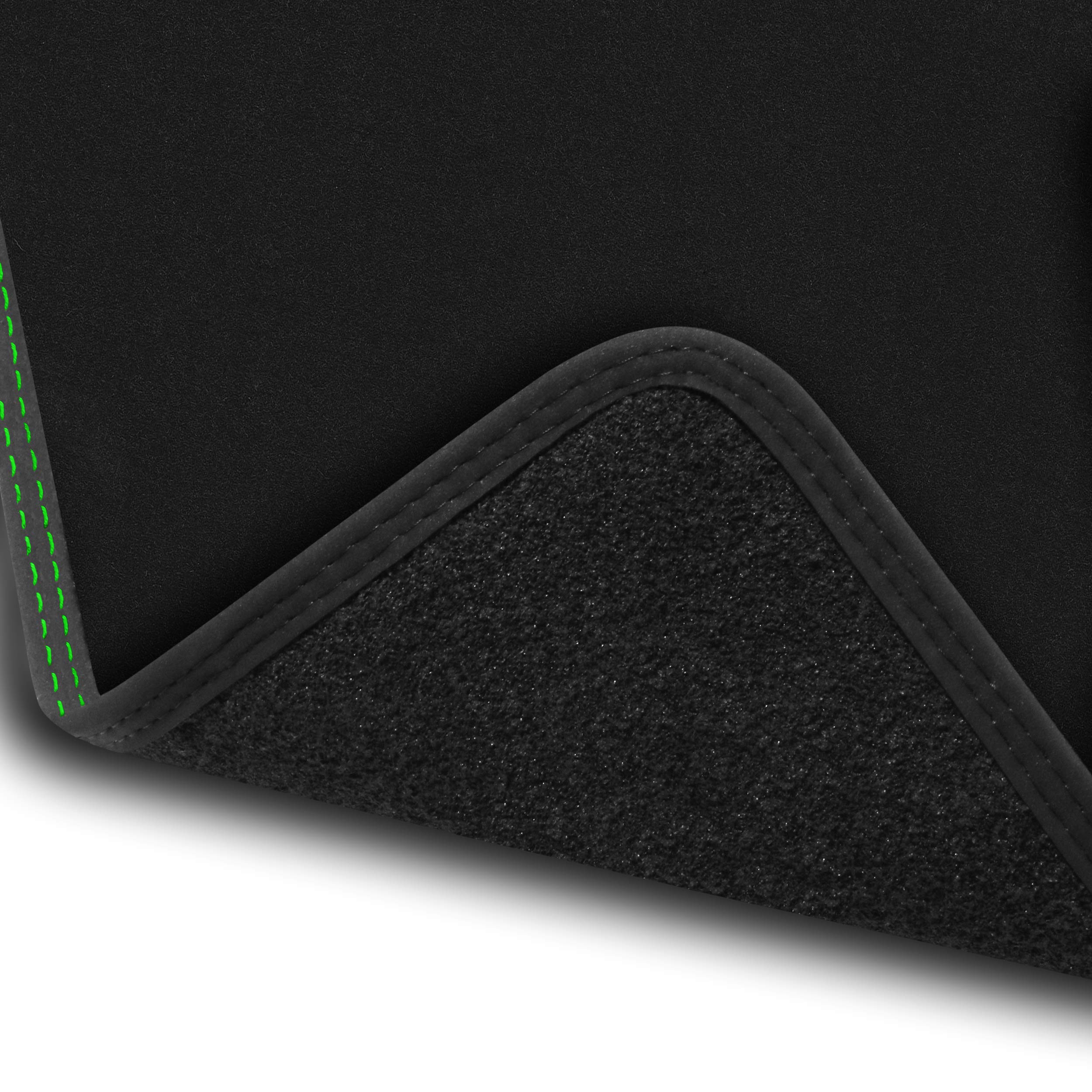 Bär-AfC Auto Fußmatten Premium passend für Peugeot 208 Elektro e-208 2020 -, Autoteppiche Velours Schwarz, Nubuk Band Schwarz, Doppelnaht Grün + Grün, Set 4-teilig, PE62731