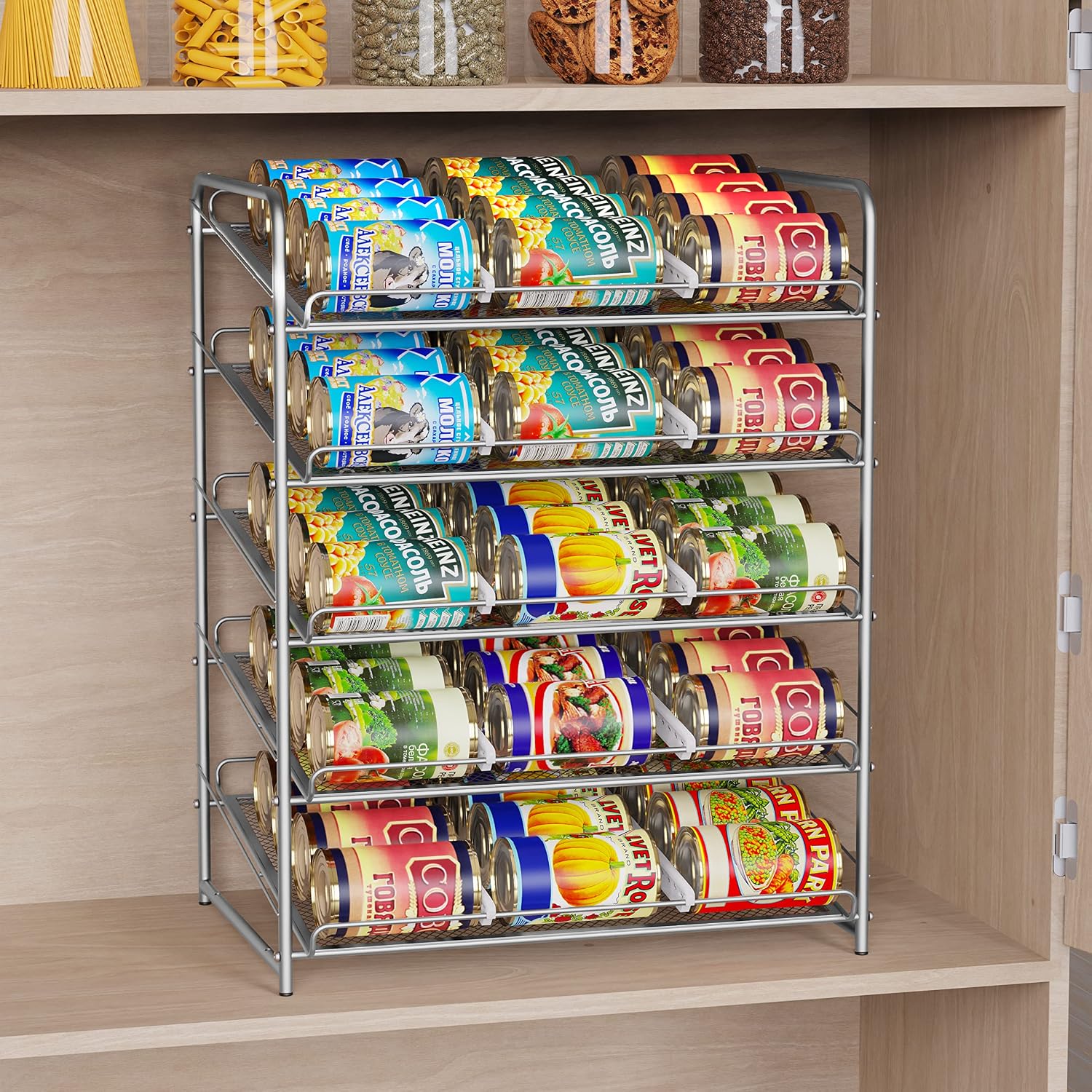 Simple Trending 5-Tier Can Rack Organizer, Can Storage Dispenser Holds up to 60 Cans for Kitchen Cabinet or Pantry, Silver