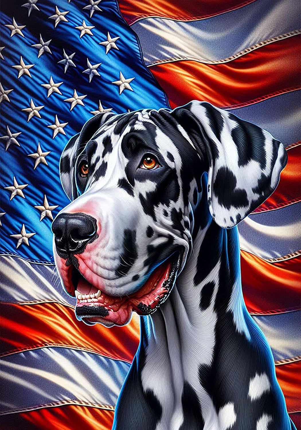 Great Dane Harlequin Uncropped - Best of Breed DCR Patriotic III Outdoor House Flag Mailbox Flag 28" x 40"