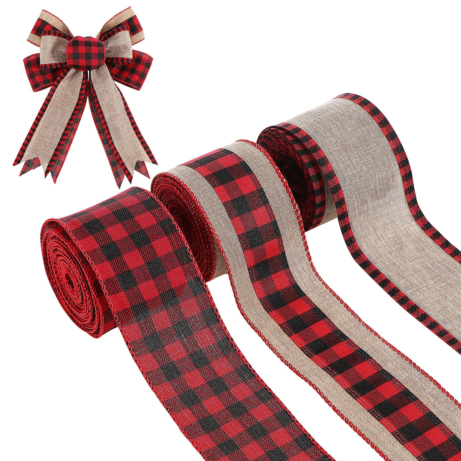 minkissy 3 Rolls Christmas Burlap Ribbon, 5 Yards Buffalo Plaid Ribbon