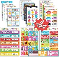 Hadley Designs 16 Laminated Educational Posters for Preschool Kindergarten Classroom Decor - ABC Numbers Shapes Colors Maps & More for Toddlers Kids 1-5