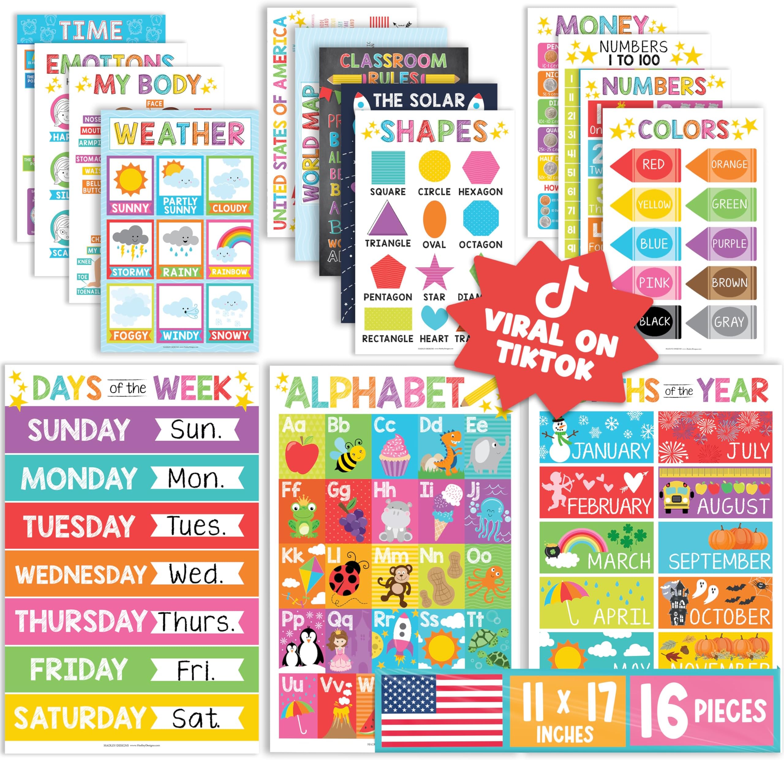 16 Educational Posters for Classroom Decor & Kindergarten Homeschool Supplies Baby to 3rd Grade Kids, Laminated PreK Learning Chart Materials – US & World Map, ABC Alphabet, Shapes, Days of The Week