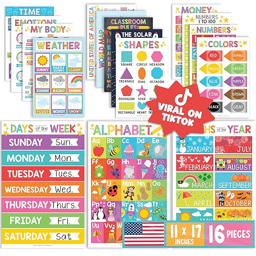 Hadley Designs 16 Educational Posters for Classroom Decor - Colorful Educational Posters for Toddlers 1-3, Toddler Learning Poster for Kids Ages 3-5, Kindergarten & Preschool Classroom Must Haves