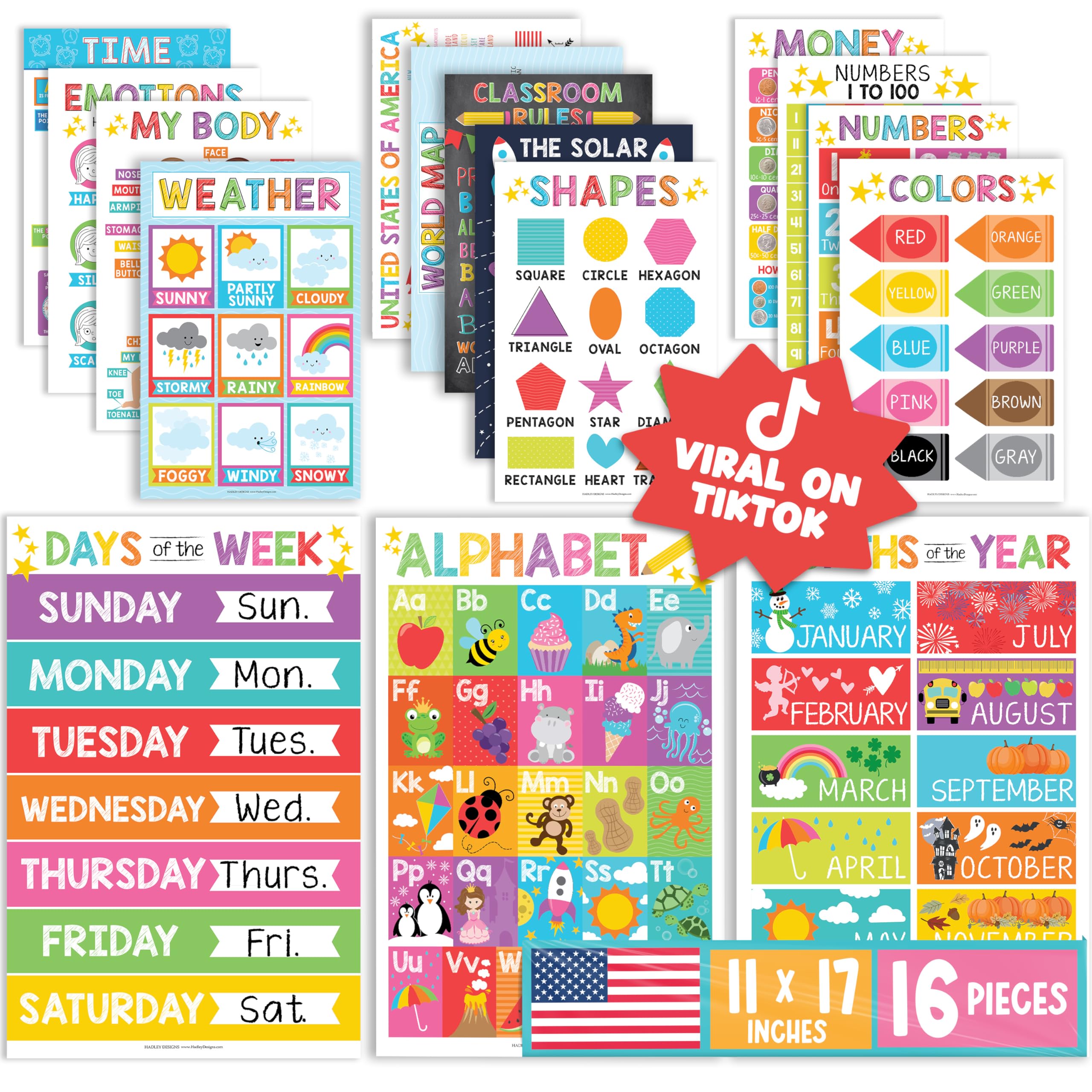 Hadley Designs 16 Educational Posters for Classroom Decor - Colorful Educational Posters for Toddlers 1-3, Toddler Learning Poster for Kids Ages 3-5, Kindergarten & Preschool Classroom Must Haves