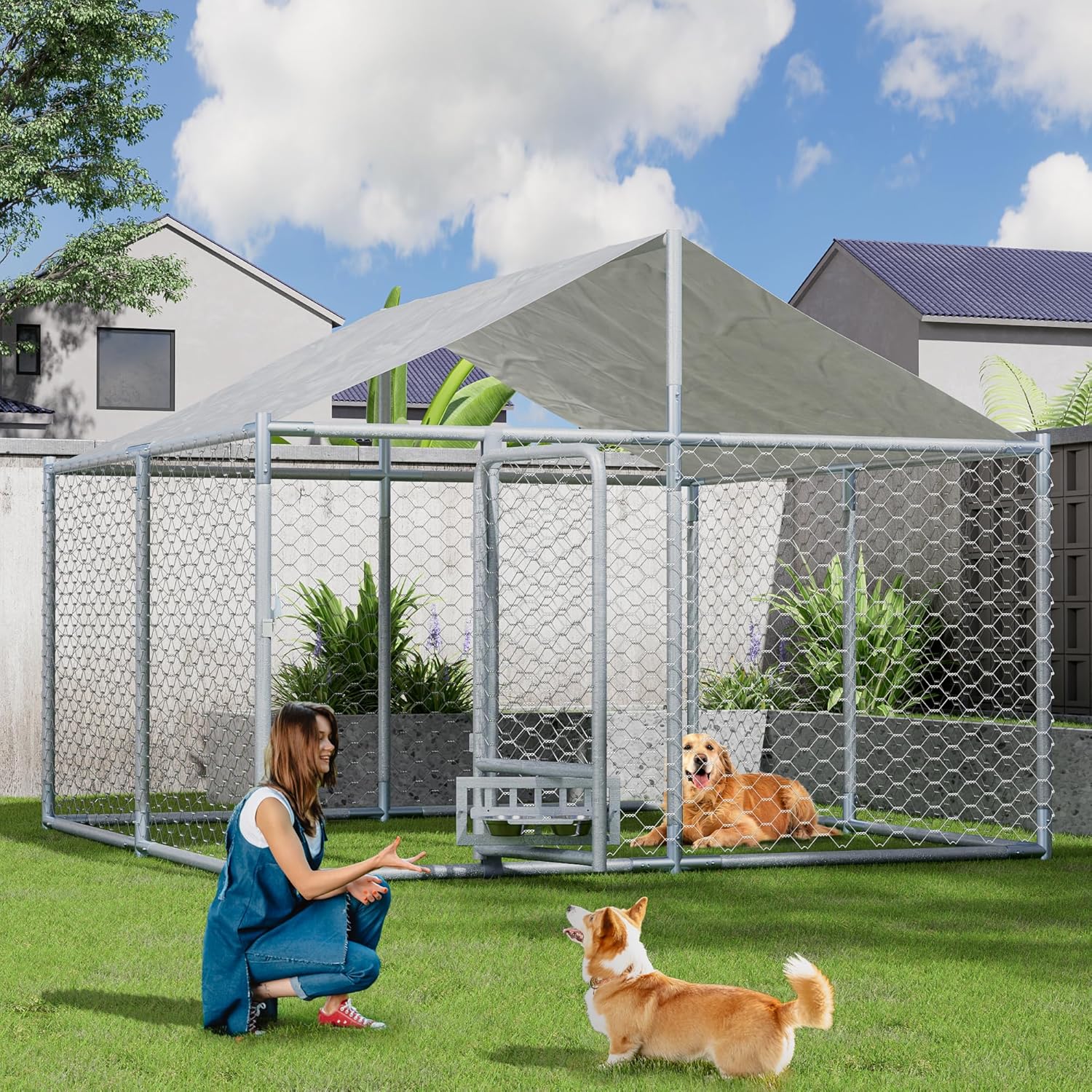 MAGIC UNION Large Dog Kennel with Rotating Feeder Bowls, Outdoor 9.8'x9.8' Heavy Duty Dog Cage Enclosures, Dog Pens Fence with Waterproof UV-Resistant Cover and Secure Lock