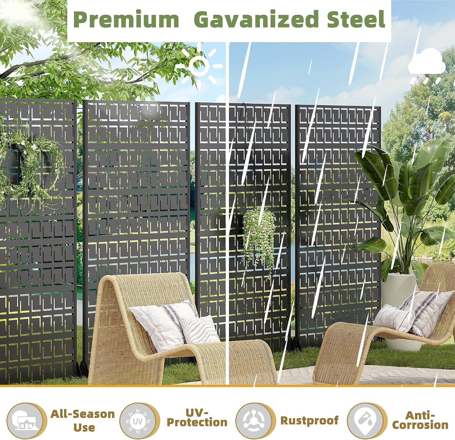 Casaphoria 72" H x 47" W Metal Privacy Screen, Outdoor Freestanding Decorative Divider for Patio, Deck, Balcony, and Garden with Stable Base, Black-Frederick