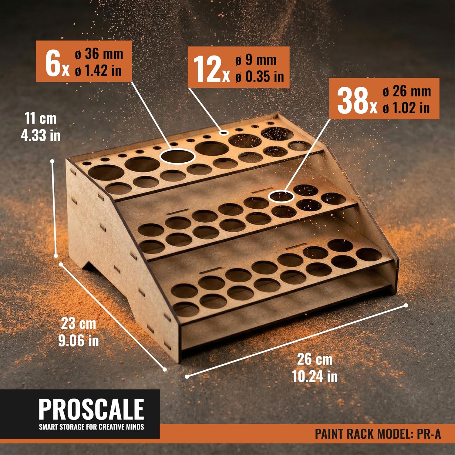 PROSCALE Paint Rack Organizer for Miniature & Model Paints Tabletop Paint Stand with 26mm & 36mm Holes Brush & Tool Holder Artist Room Compatible with Vallejo, Army Painter, AK (Module A)