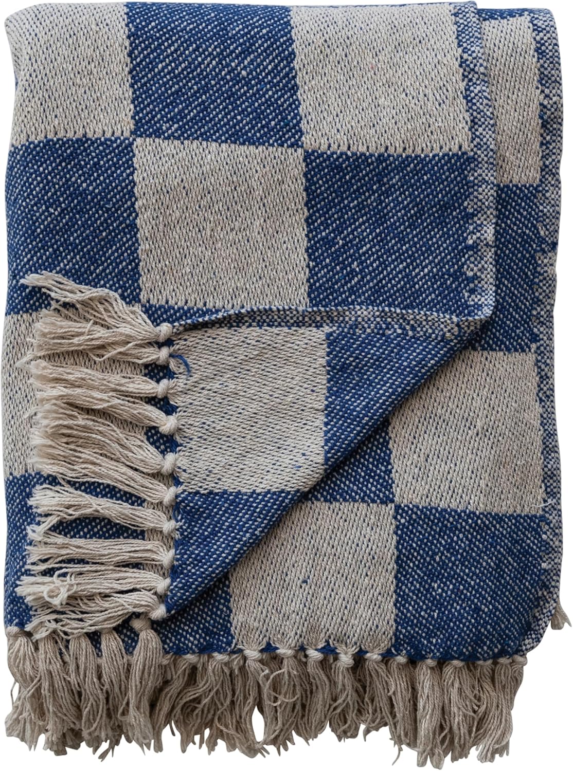Creative Co-Op Woven Cotton Blend Throw with Checkered Pattern and Fringe, Yellow, Blue and Natural - Image 8