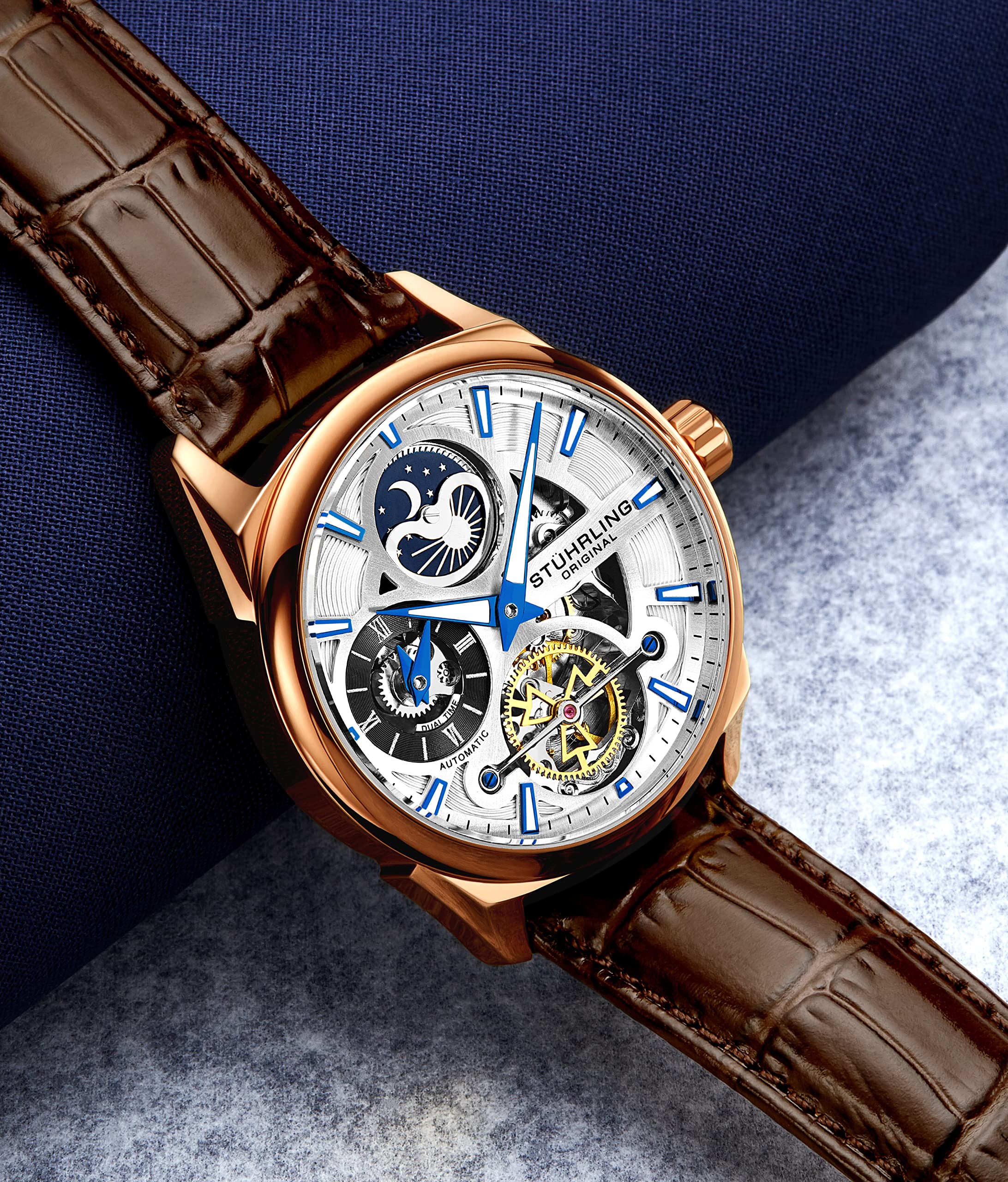 Stuhrling Original Skeleton Dress Analoguhr für Herren, automatische mechanische Armbanduhr, vergoldet/Edelstahl, Armband aus echtem Kalbsleder