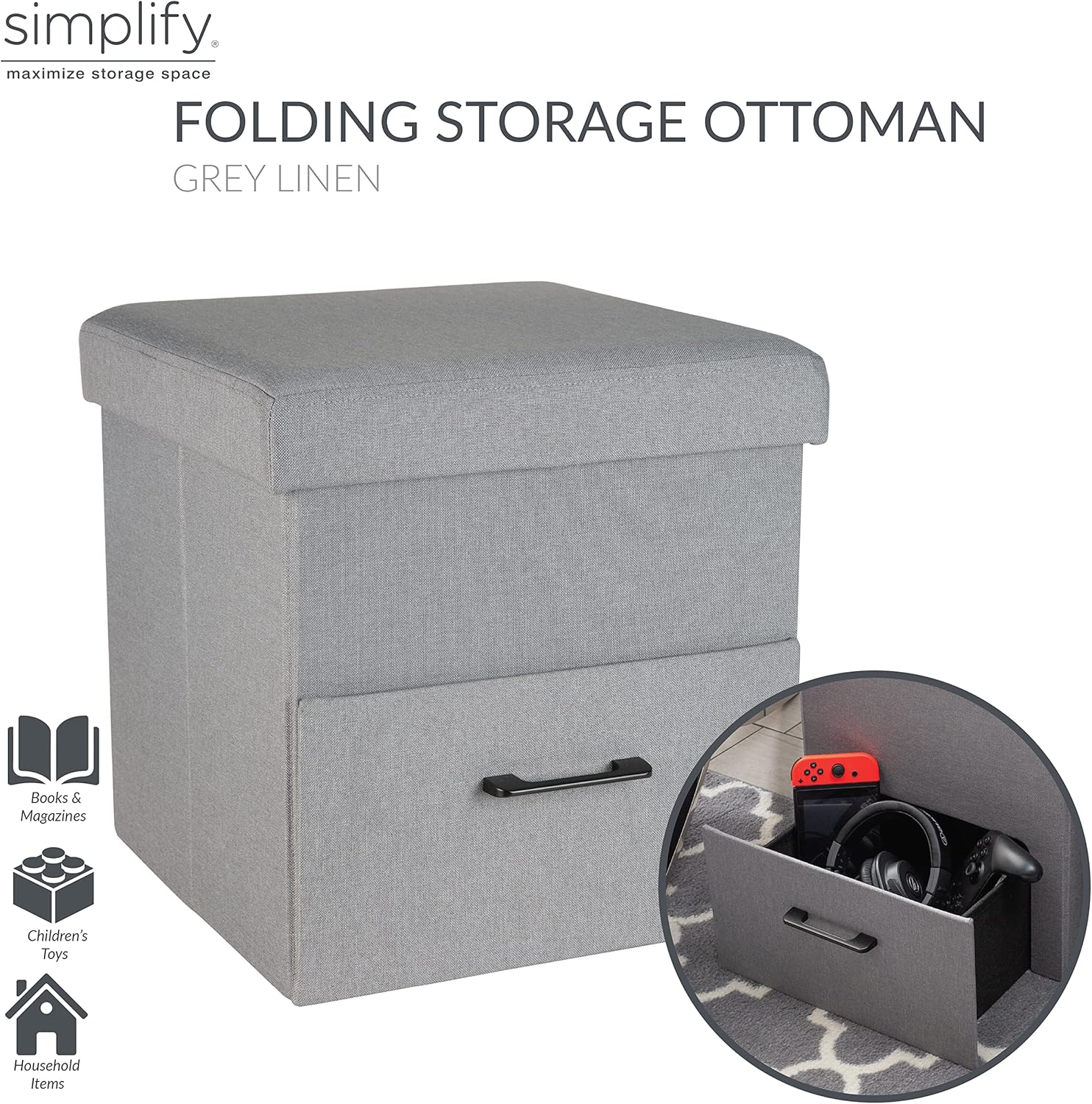 Simplify Collapsible Storage Ottoman with Drawer | Hidden Storage | Toys and Games Organization | Footrest | Seating | Perfect for Bedroom and Dorms | Grey