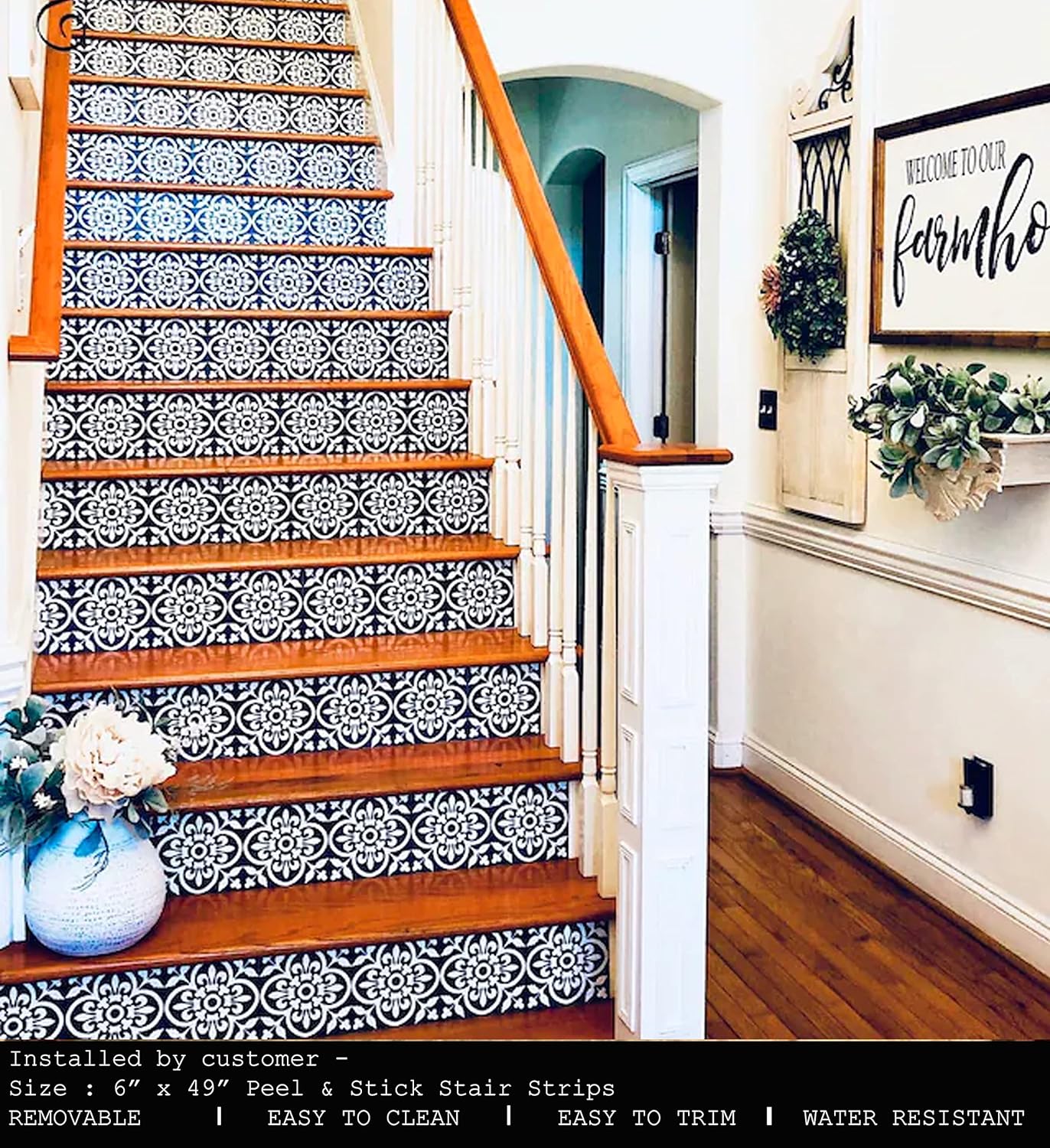 Bleucoin Encaustic Peel and Stick Stair Riser Vinyl Stick-on, Self Adhesive Water-Resistant Easy to Clean & Remove | Repositionable DIY - Pack of 5 Strips (6.50" x 49" (Pack of 5))