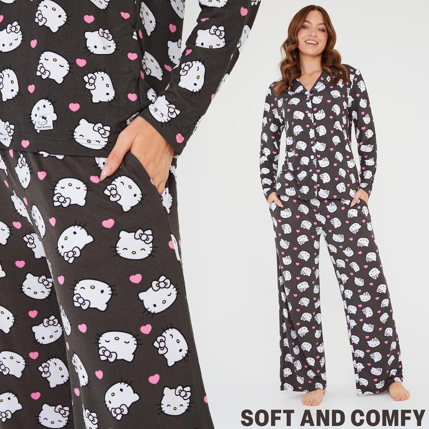 Hello Kitty Sanrio Pajama Set Teens, Women, 2-Pc Long Sleeve Top, Pants, Soft Kuromi Loungewear Kawaii PJs, Gifts for Women - Image 3