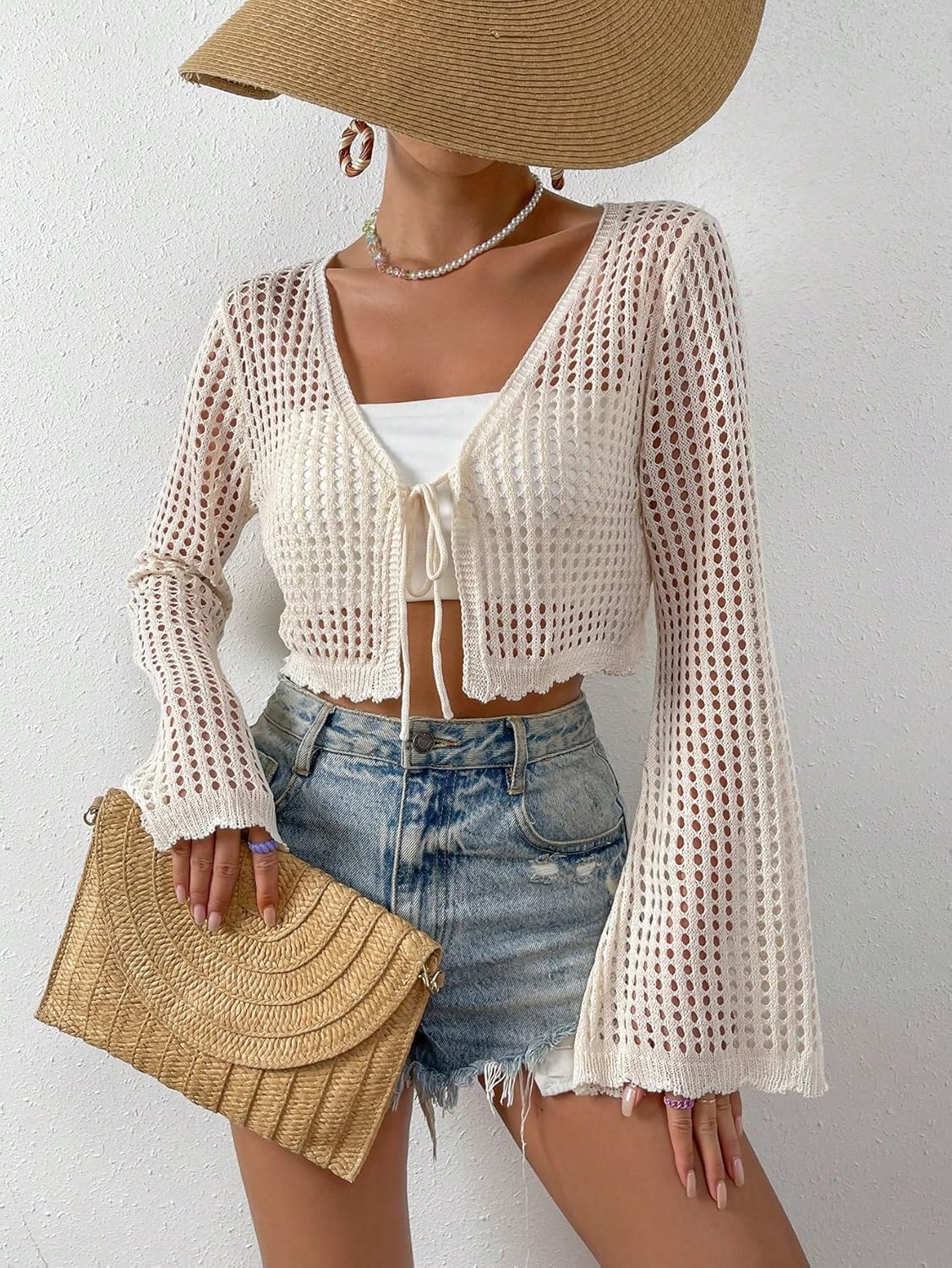 SHENHE Women's Crochet Cardigan Tie Front Tops Boho Bell Long Sleeve Lightweight Cover Up - Image 3